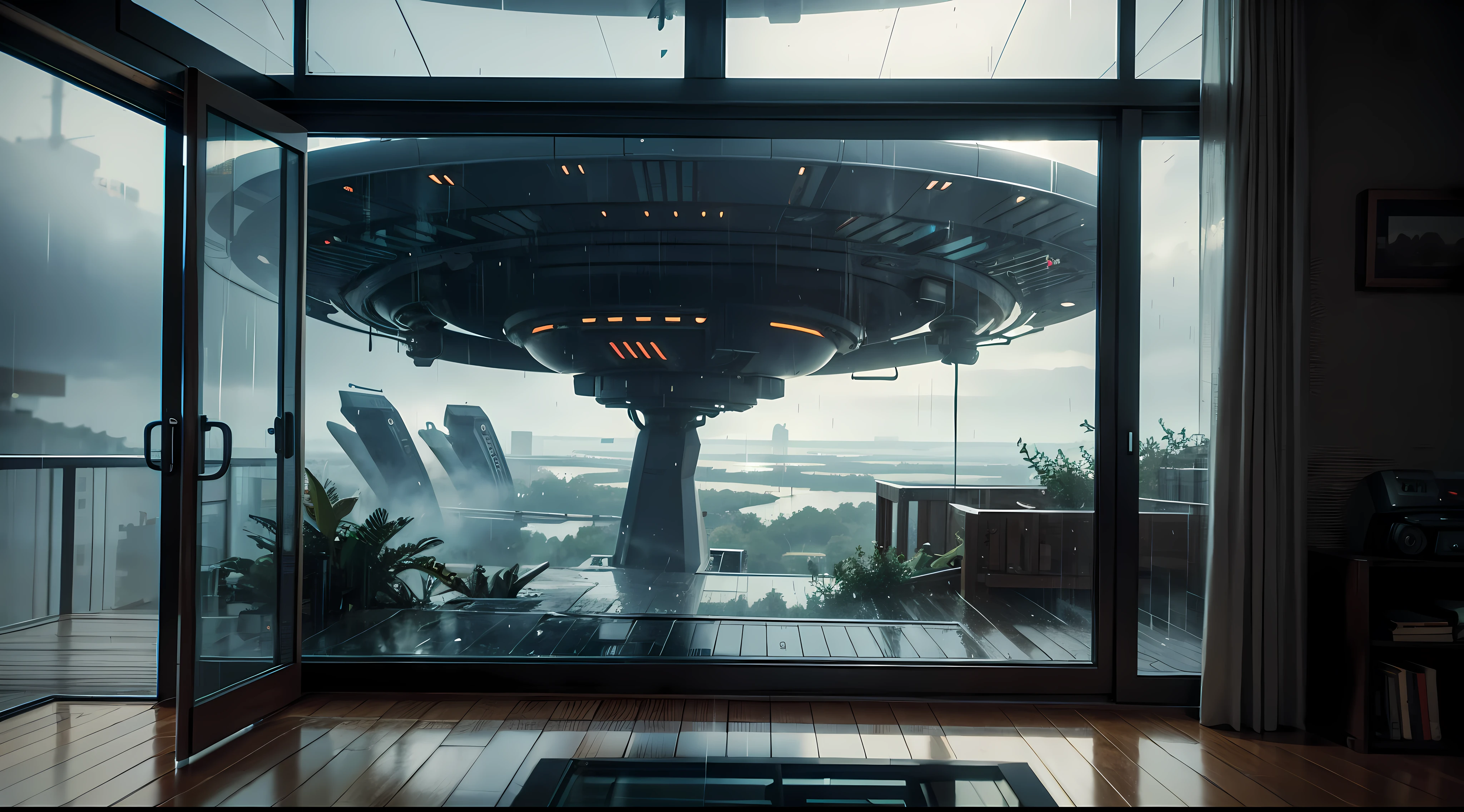 nextgen octane render of a rainy day seen from inside a house,outside in the sky there's a colossal ufo,  for a lofi music channel