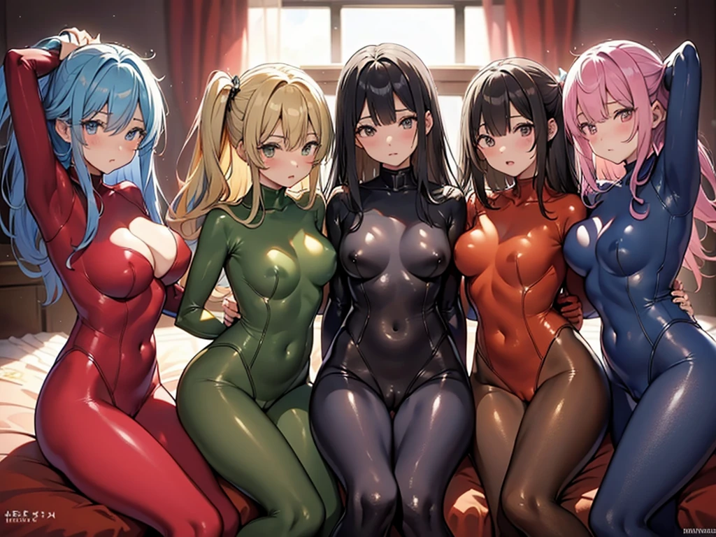 (5girls, only ass:1.5, Focus ass:1.5, cute ass, middle sexy ass:1.5, lying girls, closeup ass:1.5, ), (Heart-Shaped Ass Cutout Clothing (Pantyhose, )), , (masterpiece, best quality, ultra detailed), side by side, (base background, colorful rubber hero suits, Sentai hero suits, armor, lying on stomach ,bedroom , red suits , blue suits, green suits, pink suits, yellow suits, ), (ultra close distance shot:1.5),