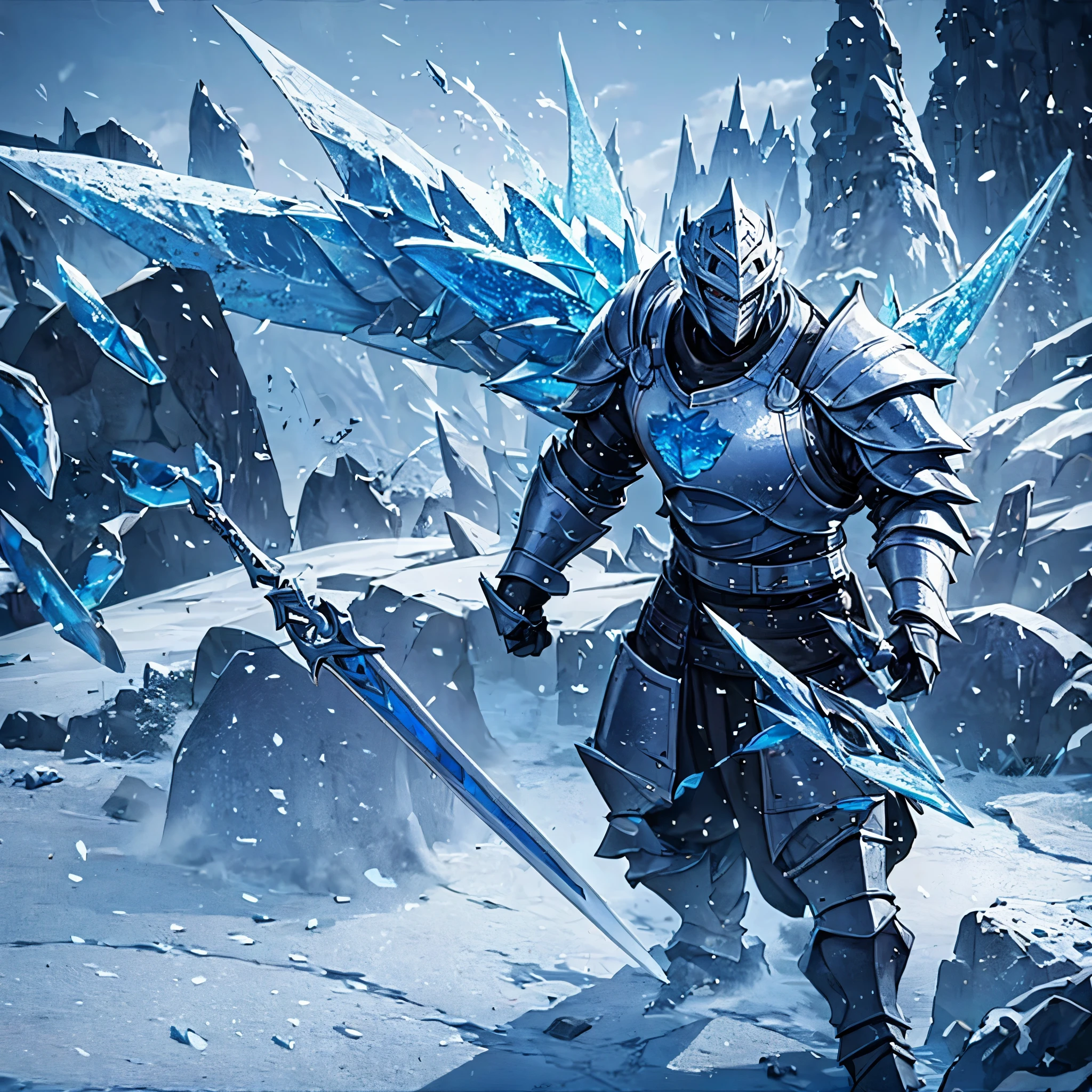 A man wearing heavy armor holding an ice sword