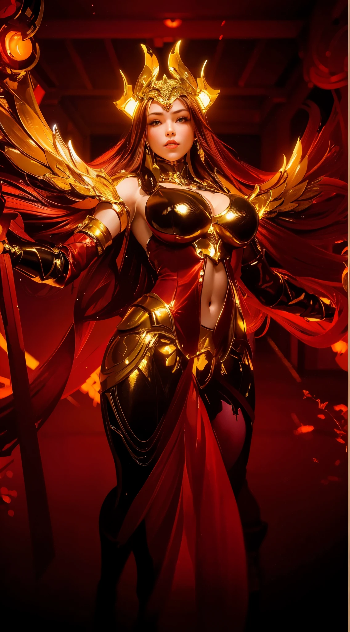 (1GIRL), (ssmile, red_libs, dark_hair), (mecha helmet:1.2), (BIG BUTTOCKS, HUGE FAKE BOOBS, CLEAVAGE:1.4), (PHOENIX MECHA GUARD ARM, GLOVES:1), (red, black, gold, MECHA CYBER SHINY ARMORED SUIT, MECHA SKINTIGHT PANTS, GUARD ARMOR LEGS, HIGH HEELS:1.4), (MUSCULAR BODY, SEXY LONG LEGS, FULL BODY:1.5), (MUSCLE ABS:1.2), (LOOKING AT VIEWER:1.2), (WALKING DOWN HALLWAY OF FUTURISTIC SPACE STATION, BRIGHT LIGHTING:1), PHYSICALLY-BASED RENDERING, ULTRA HIGHT DEFINITION, 16K, 1080P.
