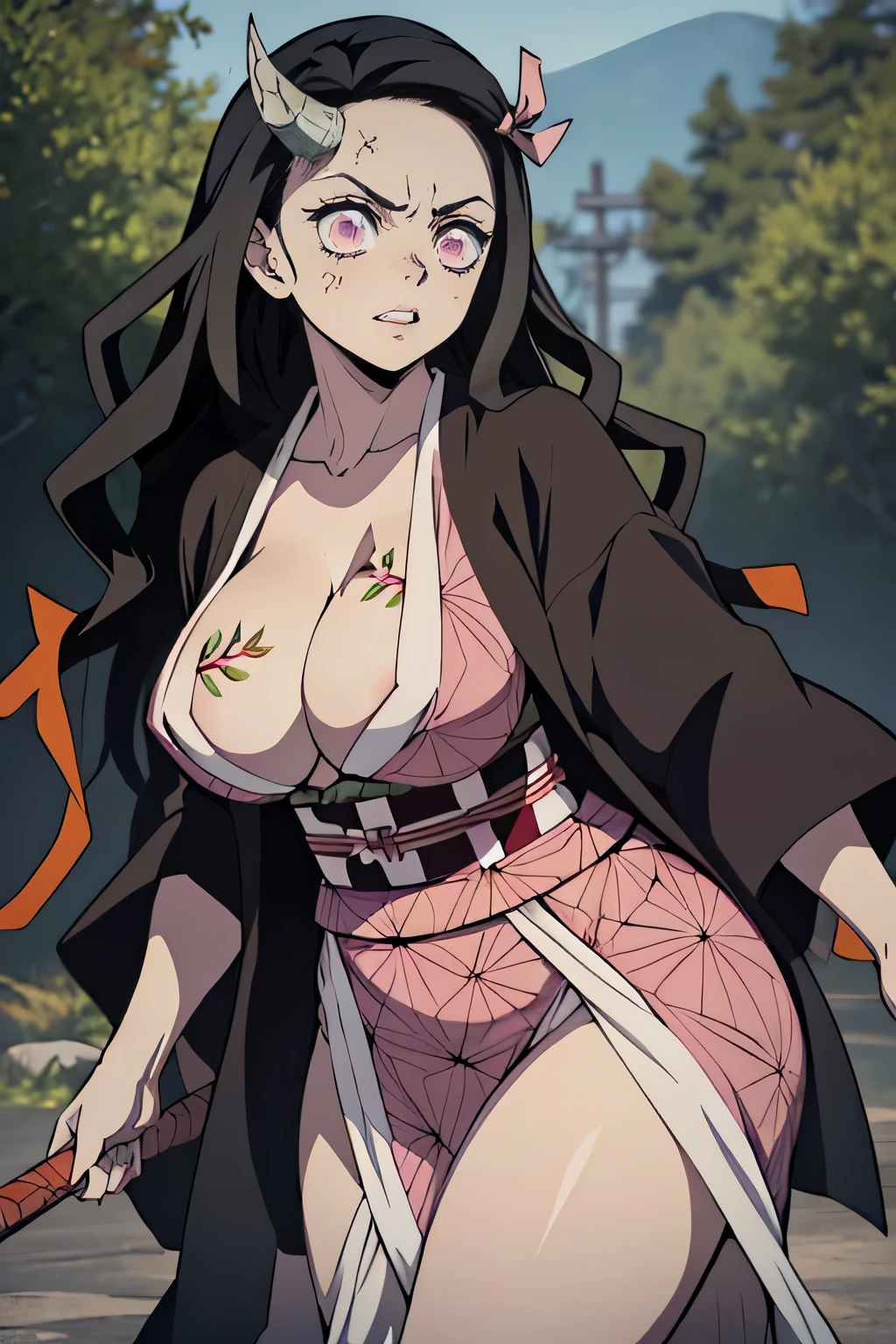 (ultra realistic photo of Nezuko kamado goddess of beauty, bright pink eyes, Angry and angry look, She has horns, 8K, nffsw, Super huge breast hottie, Huge long chest sticking out of kimono, Erotic, long black hair and orange tips,, Sexy pink Japan kimono ), Nezuko with a piece of bamboo stuck up her ass, (Nezuko, Nezuko-chan, Demon Slayer Art Style, Kimetsuon Yaiba), Hentai Female Anime Characters, (Nezuko, In the form of her demon, Huge breasts, huge long breasts sticking out of her clothes, Her chest sticks out of her kimono, She shows off her beautiful pointed breasts), ( she has leaf tattoos running down her sexy Erotic body), Demon Slayer Fan Art, wielding kunai, Clean and detailed anime art, a very beautiful woman, by Kamagurka, professional art, perfect detailed, (Nezuko kamado in her demonic form, Based on Demon Slayer Kimetsu no Yaiba), nudde,