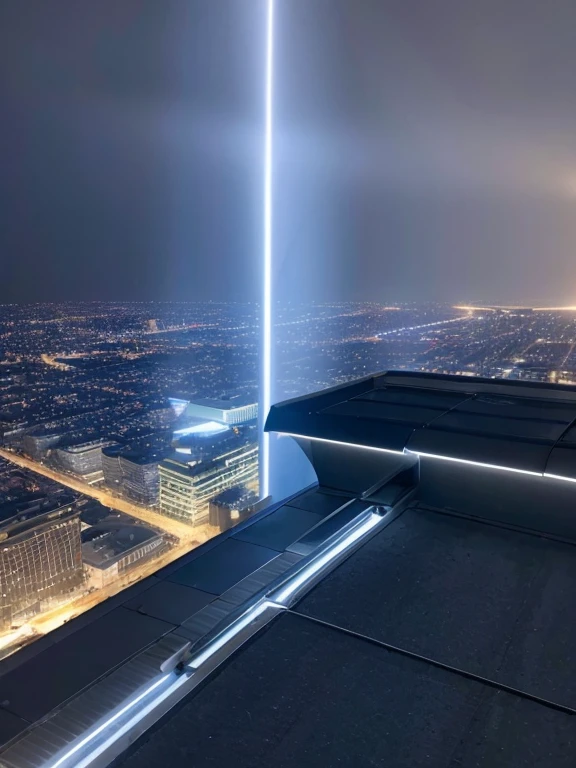 Rays of light from the sky fall on the roof of a building. A blue light is happening as ❝ 2024 ❞. The quiet road is dry.