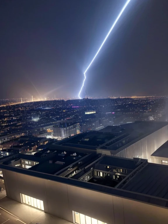 Rays of light from the sky fall on the roof of a building. A blue light is happening as ❝ 2024 ❞. The quiet road is dry.
