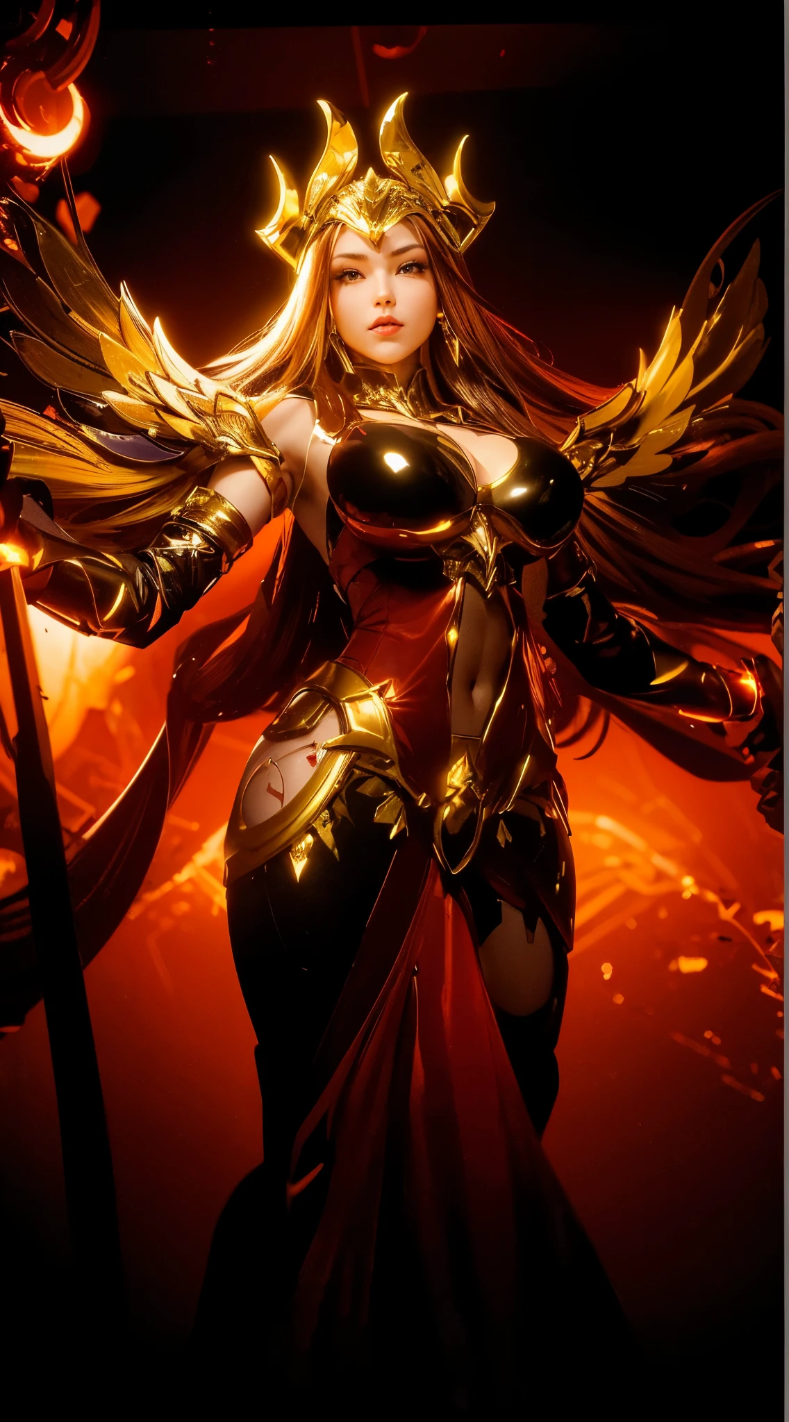 (1GIRL), (ssmile, red_libs, dark_hair), (mecha helmet:1.2), (BIG BUTTOCKS, HUGE FAKE BOOBS, CLEAVAGE:1.4), (PHOENIX MECHA GUARD ARM, GLOVES:1), (red, black, gold, MECHA CYBER SHINY ARMORED SUIT, MECHA SKINTIGHT PANTS, GUARD ARMOR LEGS, HIGH HEELS:1.4), (MUSCULAR BODY, SEXY LONG LEGS, FULL BODY:1.5), (MUSCLE ABS:1.2), (LOOKING AT VIEWER:1.2), (WALKING DOWN HALLWAY OF FUTURISTIC SPACE STATION, BRIGHT LIGHTING:1), PHYSICALLY-BASED RENDERING, ULTRA HIGHT DEFINITION, 16K, 1080P.