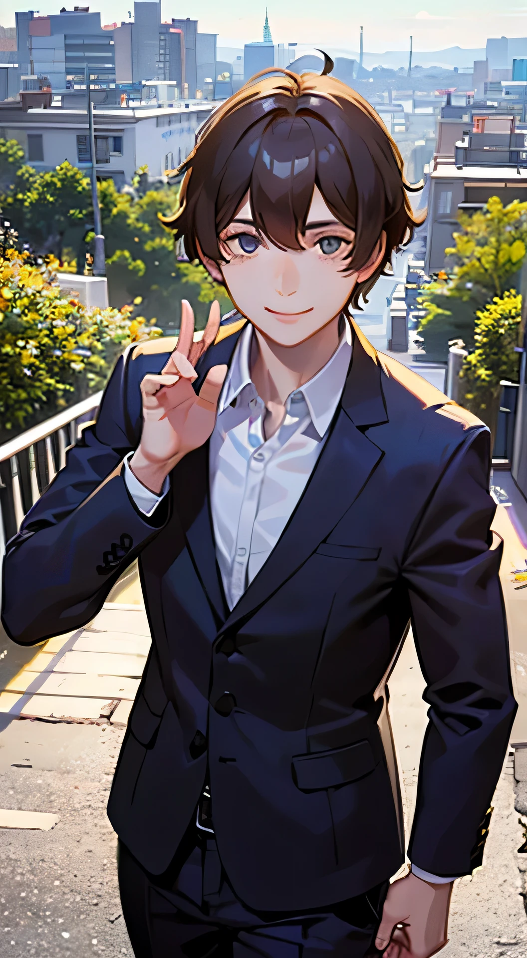 man smiling and looking at camera, Park background, a picture, Above the chest