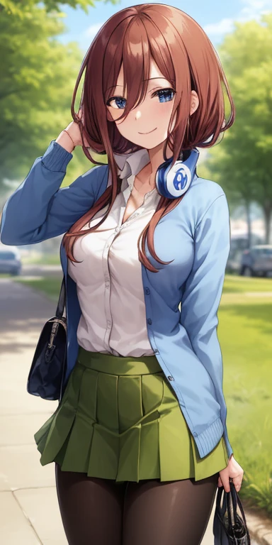 2d, masterpiece, best quality, anime, highly detailed, 1girl, solo, cowboy shot, nakano miku, brown hair, hair between eyes, blue cardigan, headphones, pantyhose, collared shirt, green skirt, miniskirt, medium breasts, standing, school, outdoors, smile