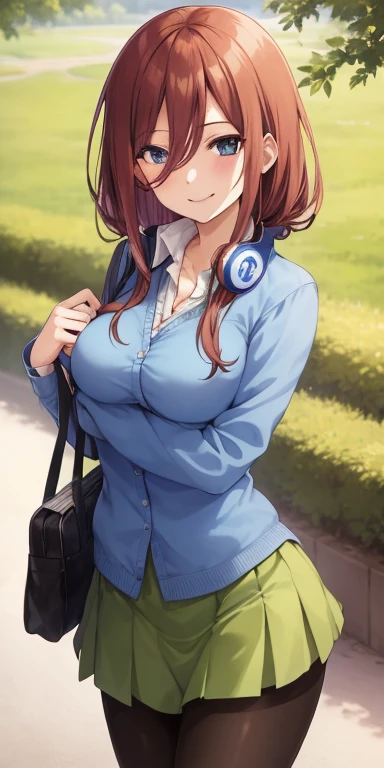 2d, masterpiece, best quality, anime, highly detailed, 1girl, solo, cowboy shot, nakano miku, brown hair, hair between eyes, blue cardigan, headphones, pantyhose, collared shirt, green skirt, miniskirt, medium breasts, standing, school, outdoors, smile