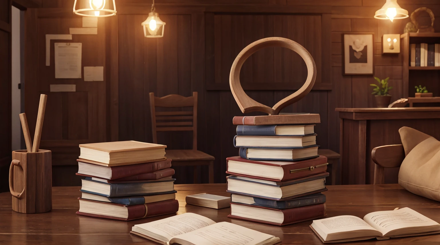 Dusty stack of books with a book on top with a mysterious cover and a mysterious symbol