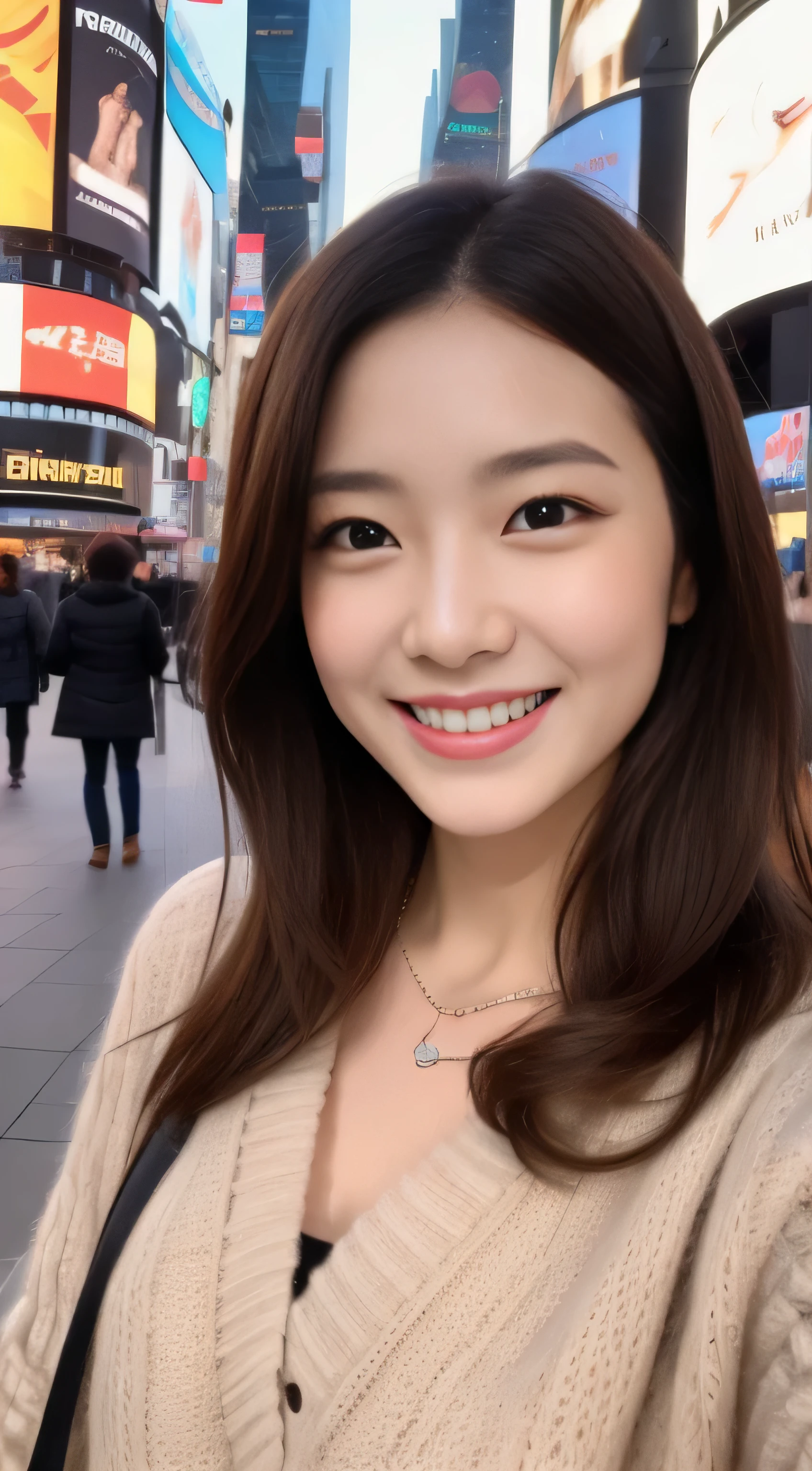 The face of the hostess、Winter Outfit、hiquality、A hyper-realistic、healthy、Smiling expression、Slender perfect figure、Japan beauties、 a necklace、perfect eyes beautiful skin、The upper part of the body、times square downtown