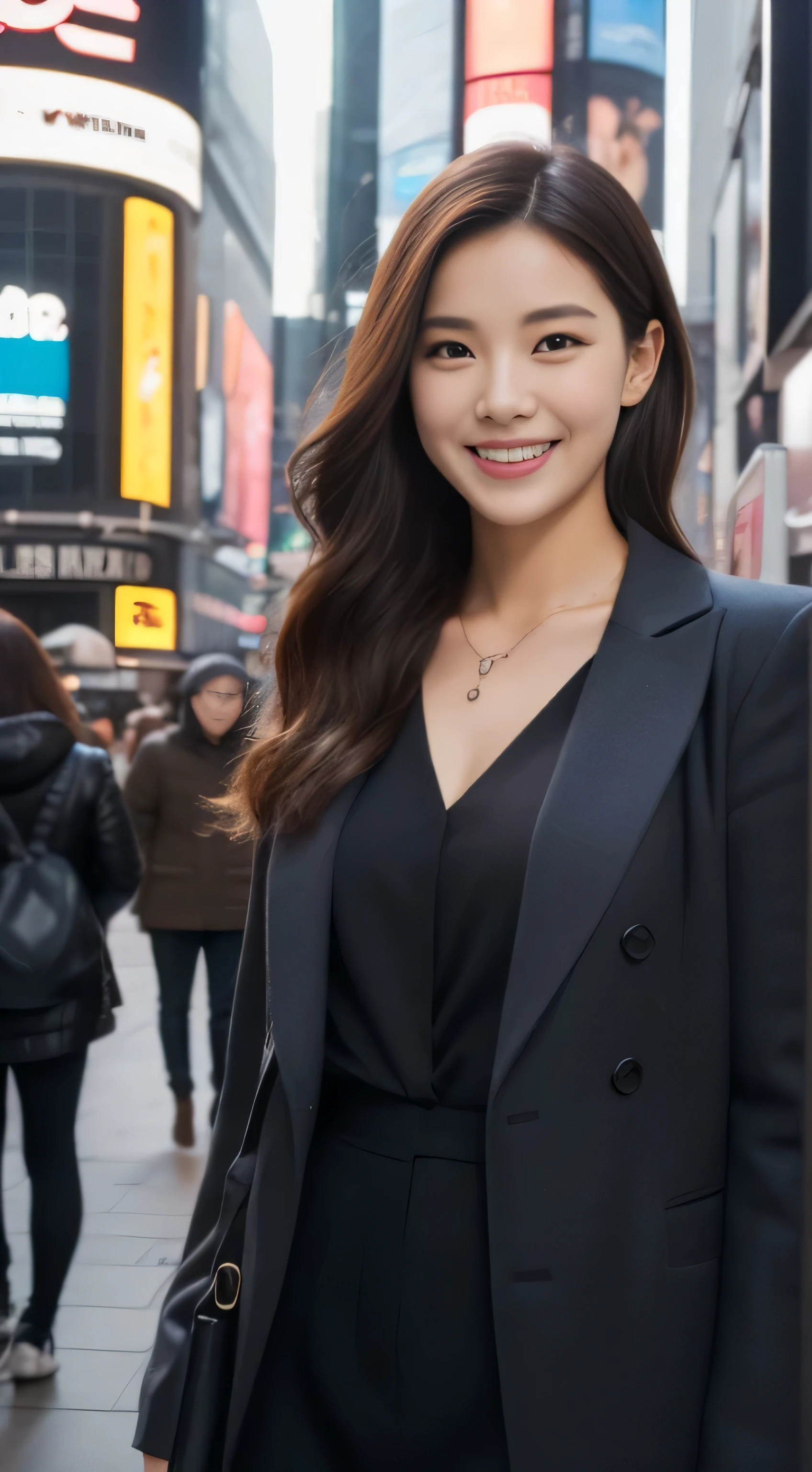 The face of the hostess、Winter Outfit、hiquality、A hyper-realistic、healthy、Smiling expression、Slender perfect figure、Japan beauties、 a necklace、perfect eyes beautiful skin、The upper part of the body、times square downtown