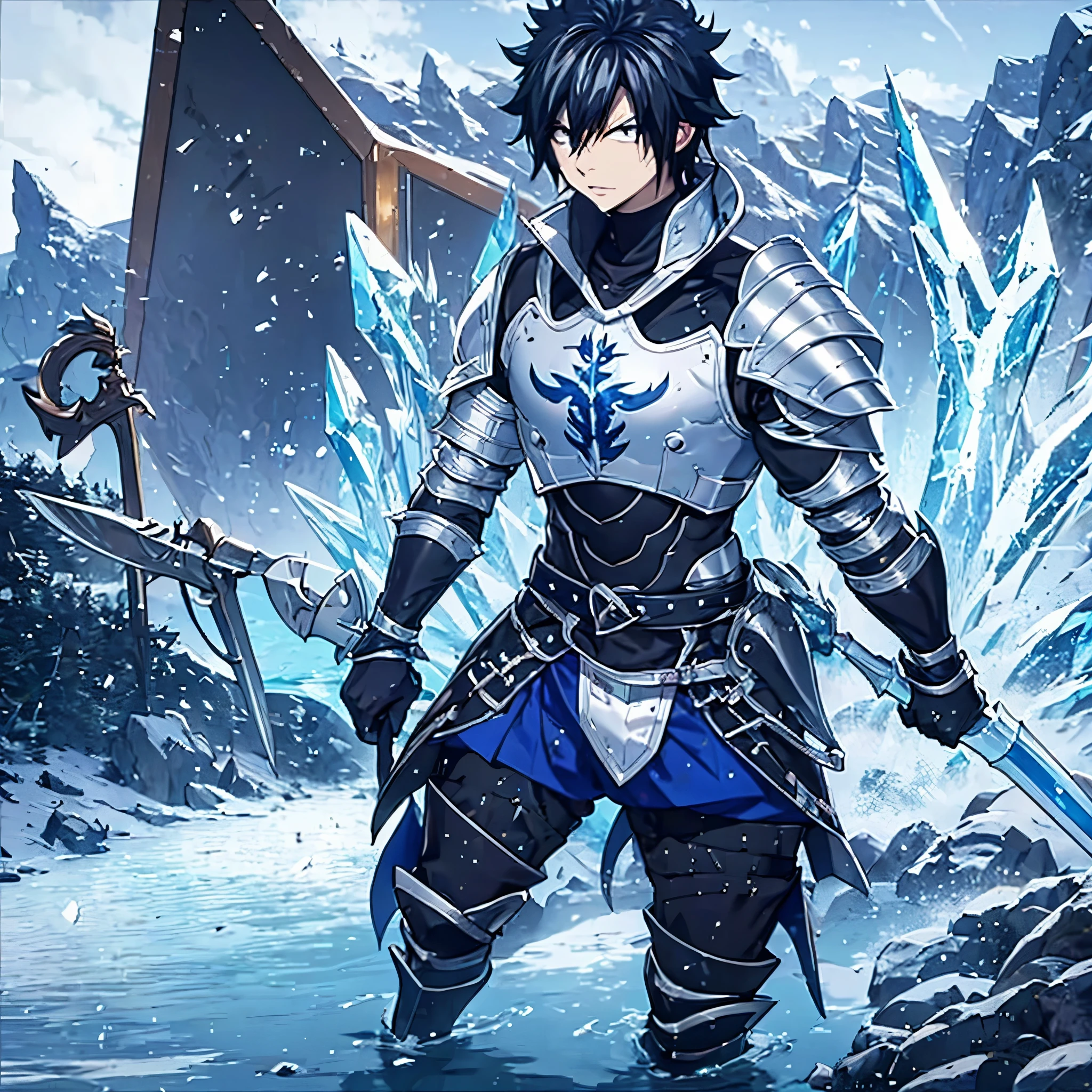 gray fullbuster wearing heavy armor holding an ice ax and an ice shield