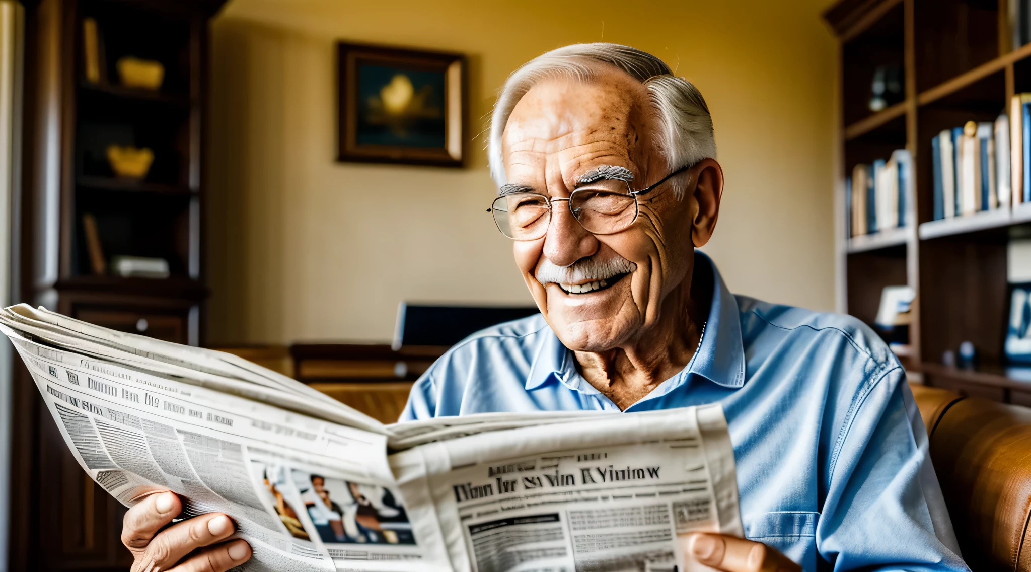 In a neat white study room，Smiling old caucasian man reading newspaper with magnifying glass，tmasterpiece， Best quality， A high resolution， ultra - detailed，