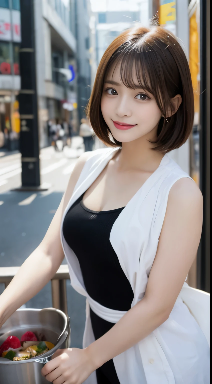 masutepiece, Best Quality, Illustration, Ultra-detailed, finedetail, hight resolution, 8K Wallpaper, Perfect dynamic composition, Beautiful detailed eyes, Women's summer,Short bob hair,small breasts with natural colored lips,, Bold sexy poses,Smile,Harajuku、20 years girl、Cook in a sexy shot of the lens