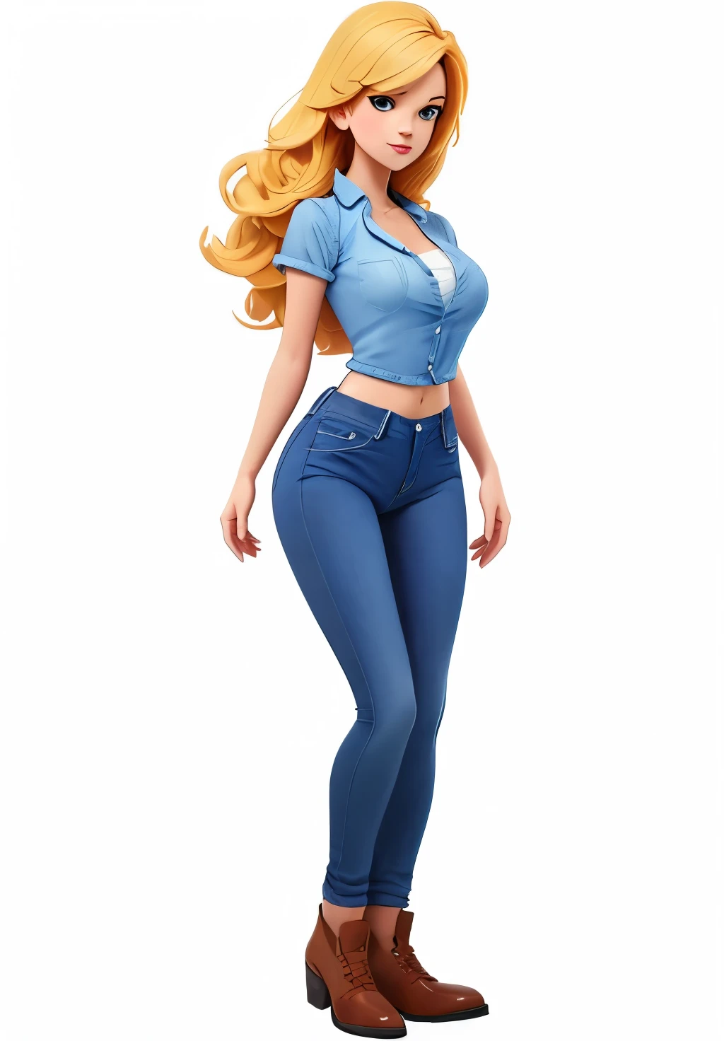 Girl wearing blue jeans and blue shirt, render of april, full body character portrait, character full-body portraits, full-body portraits of a short!, full-body portraits, Full body illustration, full body character portrait, Official character art, The character is in a natural pose, Official character illustrations, Casual pose, !!full-body portraits!!, full-body portraits