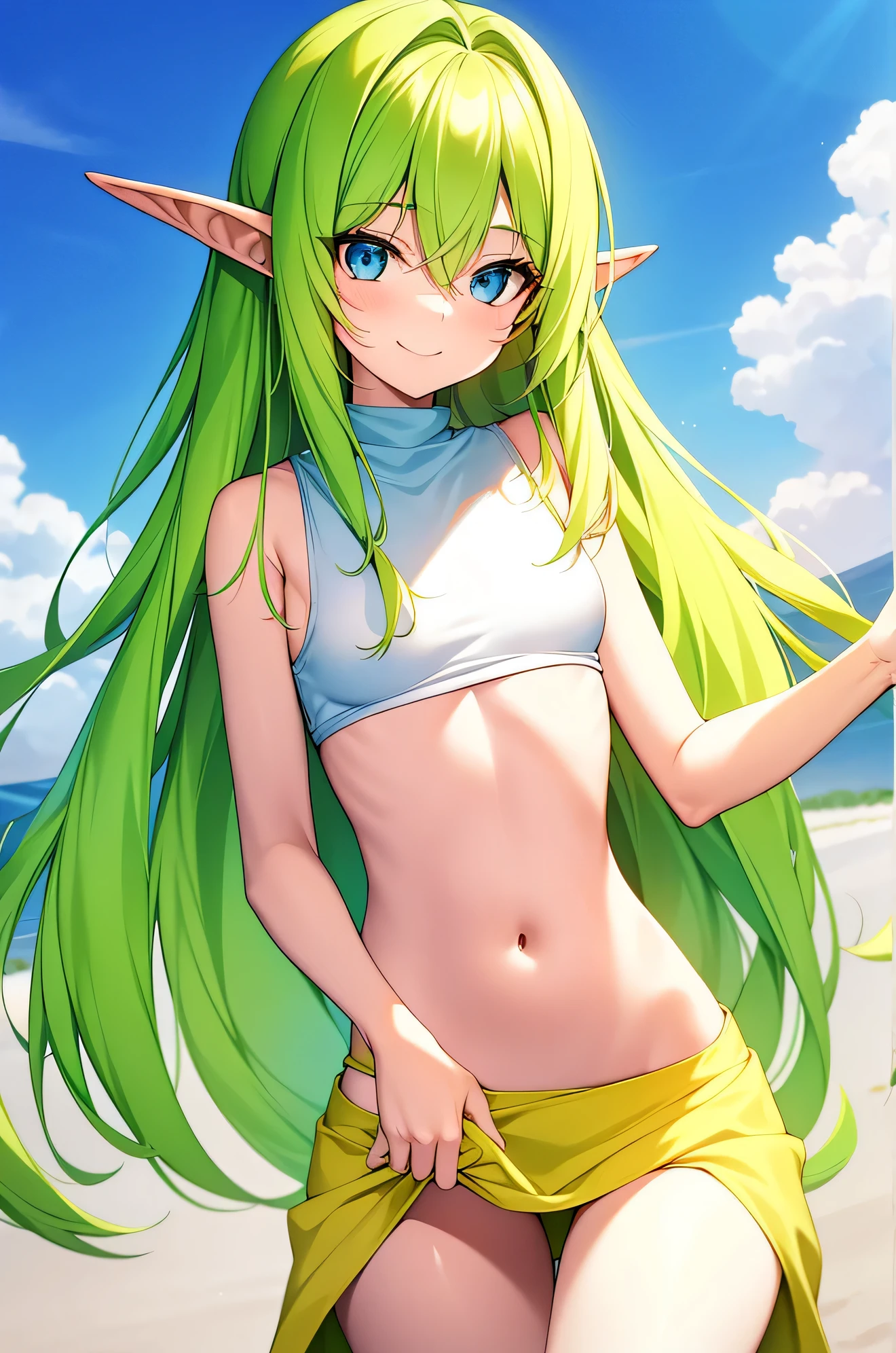 Chica elfa de cuerpo delgado, small breasts, piernas largas, piel rosada, Cabello largo y verde, Estatura alta, ropa suelta de lana amarilla, Camiseta, They are smiling, y fondo blanco