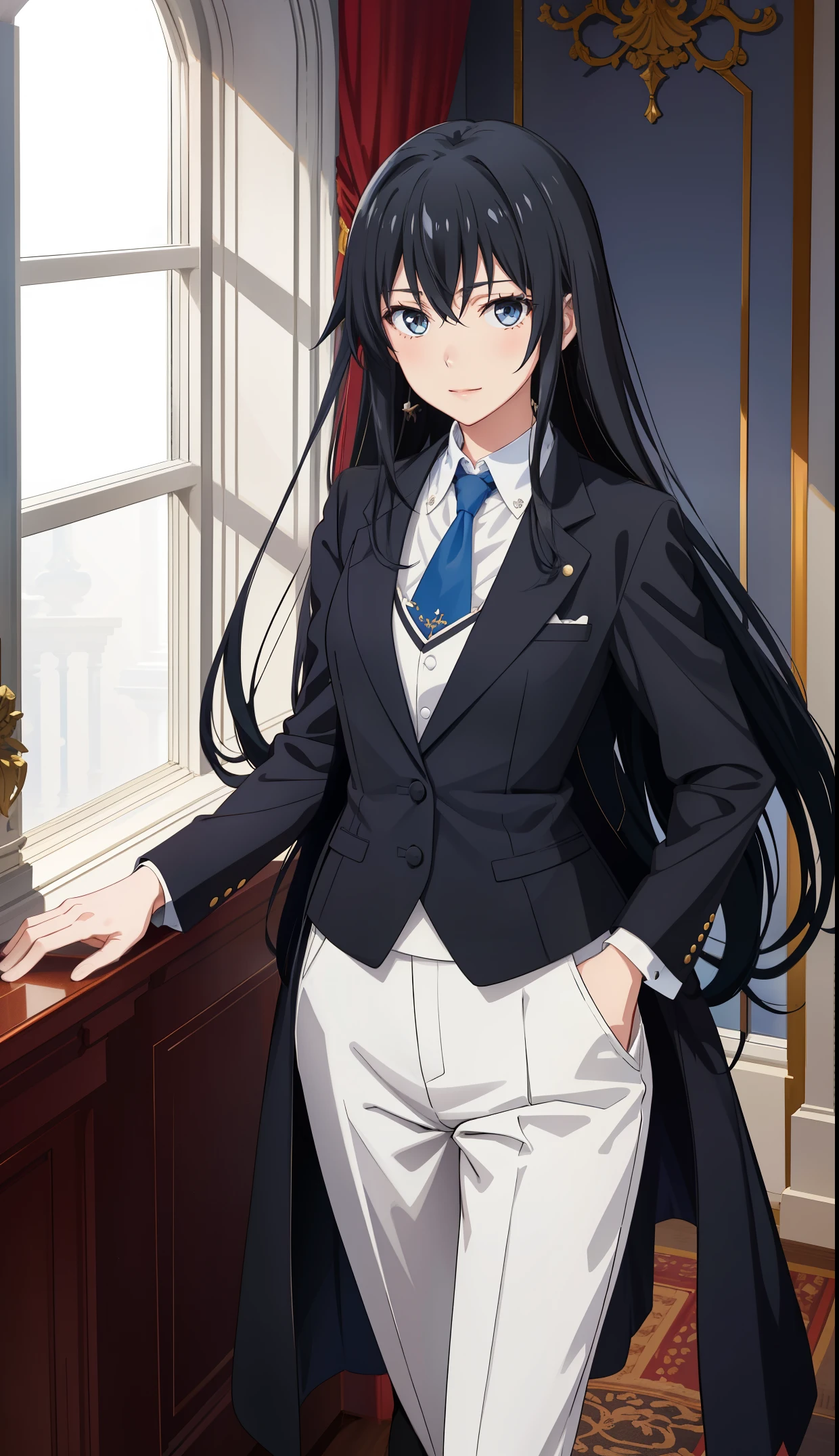 Yukinoshita yukino ,woman in formal attractive tailcoat standing in a large alcove in the room , 1girl, solo, blue necktie, black hair, blue eyes, long hair, smile , collared shirt, white pants, white shirt , tailored tailcoat elegant , standing in front of a window ,tailcoat tailored crafted from the lustrous fabric