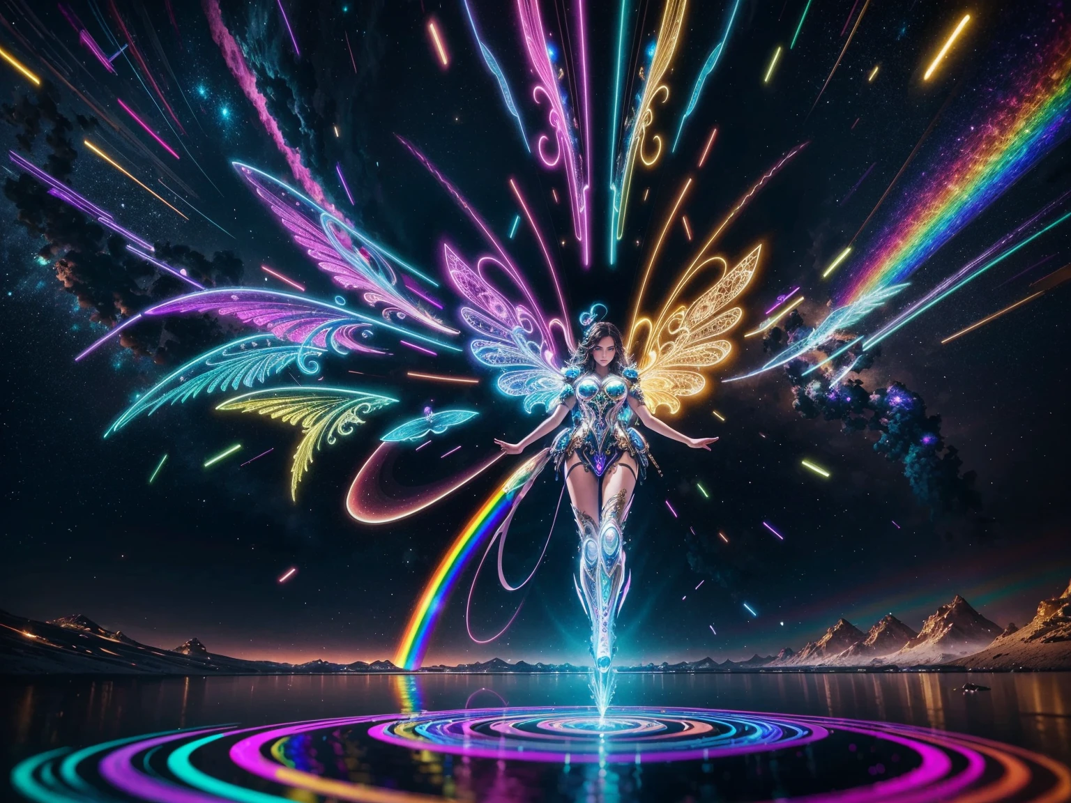 (Full body shot), an extremely detailed photorealistic photograph of a very beautiful Caucasian Woman With Dark Hair And Rainbow Plasma Wings, Gorgeous Ethereal Rainbow Glowing Presence Of Absolution And Fantastical Force Floating In Her Hands, Channeling Through Her All Around Her Physically Manifesting Life. Magnificent Masterpiece, Limitless, Vivid Lighting, Vibrant Bioluminescent Colors Of Love And Light, Floating Particles Of Every Size, Whimsical, Hyper-Imaginative Cybernetic Energies. UHD 8K, DOF, Hyperrealism, Best Quality, Intricately Detailed, visually rich, emotionally confident, detailed environment, fantastical, imaginative, atmospheric, vibrant lighting, uhd, high resolution, 8k, photorealistic, intricate masterpiece, best quality, best detail, Fujifilm XT4