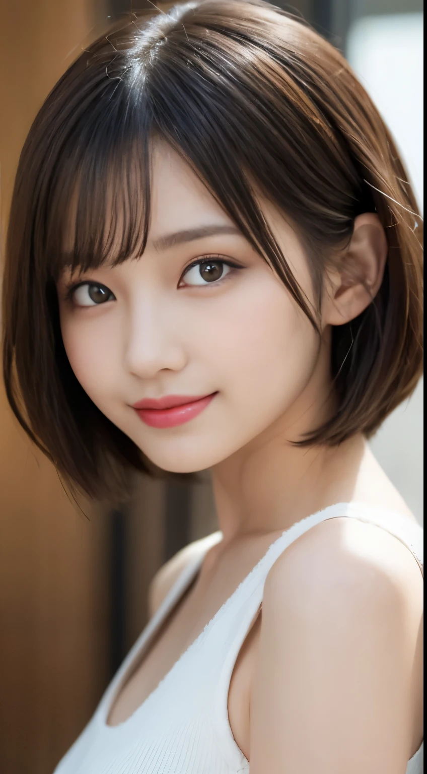 masutepiece, Best Quality, Illustration, Ultra-detailed, finedetail, hight resolution, 8K Wallpaper, Perfect dynamic composition, Beautiful detailed eyes, Women's summer,Short bob hair,small breasts with natural colored lips,, Bold sexy poses,Smile,Harajuku、20 years girl、Cook in a sexy shot of the lens