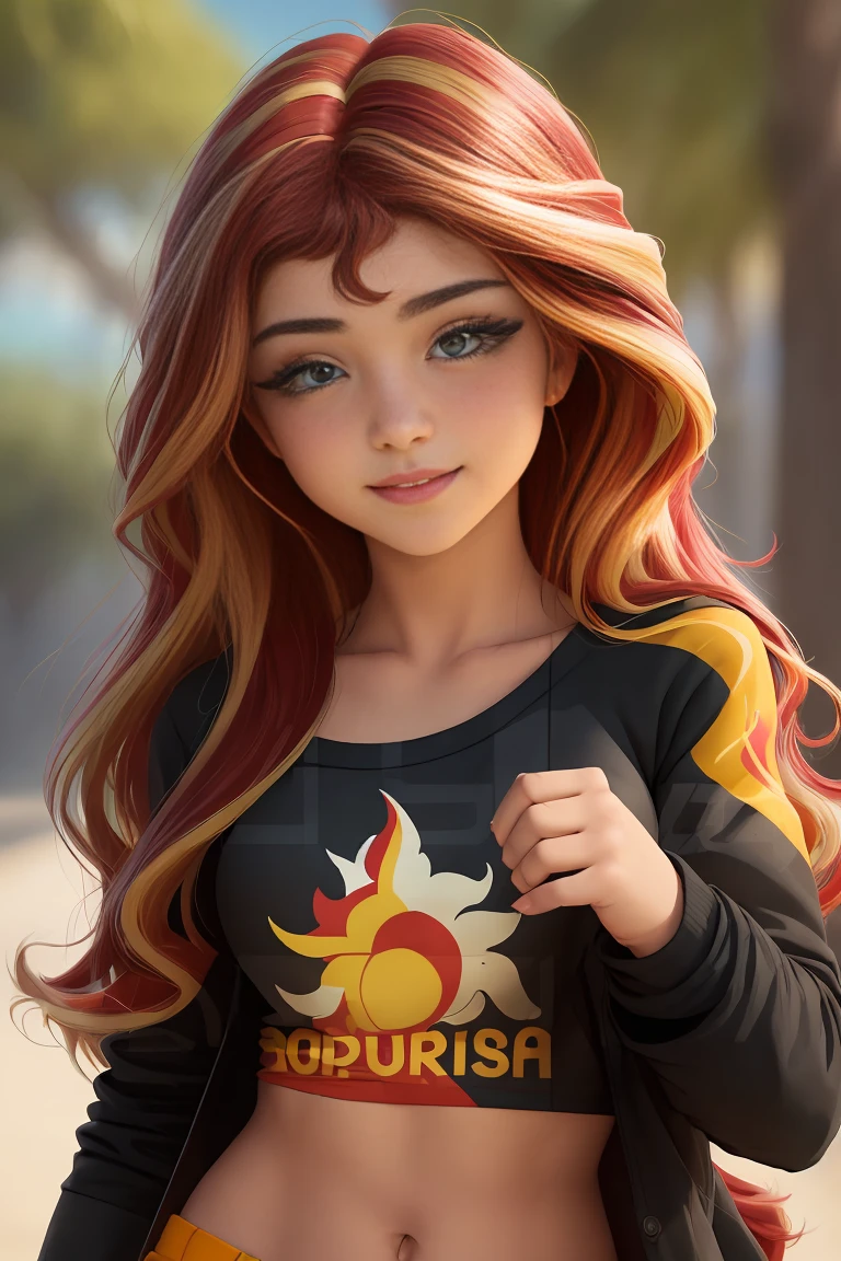 (Obra maestra, La mejor calidad:1.2), solamente, 1girl, mlpshimmer, linda sonrisa , maquillaje , labios rojos , Mirando al espectador, Brazos cruzados, small black jacket , camiseta naranja , falda morada , sunset shimmer , 21-year-old , hermosa chica adolescente , ojos color turquesa , fondo variado, foto de cuerpo completo