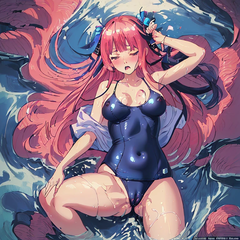 (best quality, ultra-aesthetic, ultra-detailed, best illustration, nsfw, navy blue swimsuit, Japanese girl swimsuit, one-piece swimsuit, breasts, naked, abundant love juices, vagina, spread legs, pink hair, crotch grab, sexual intercourse)