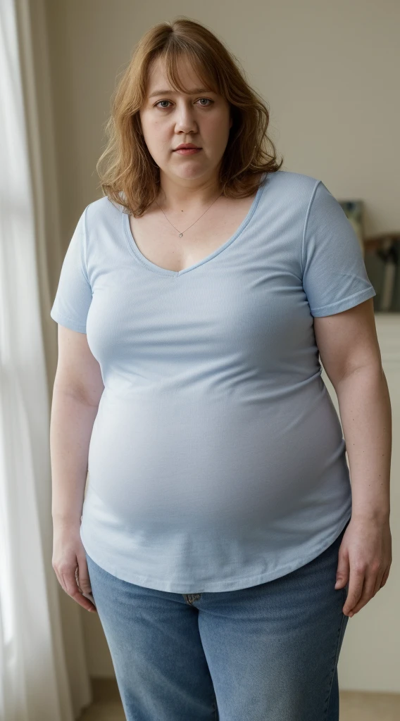 a woman with a blue shirt and a white shirt and mom jeans, this person does not exist, 40 years old, short, portly appearance, chubby round body, jiggly fat, caroline aaron-amanda plummer-irene jacob merged, entire body visible, full body, hyperrealistic, real human skin, best quality, 8K, masterpiece, extremely intricate, detailed eyes, detailed face, detailed body, exaggerated features, pronounced features, fujifilm