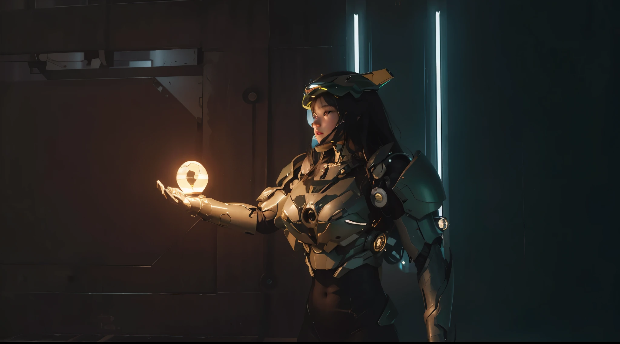 Highest image quality, outstanding details, ultra-high resolution, (realism: 1.4), the best illustration, favor details, highly condensed 1girl, with a delicate and beautiful face, dressed in a black and green mecha, wearing a mecha helmet, holding a directional controller, riding on a motorcycle, the background is a high-tech lighting scene of the future city.