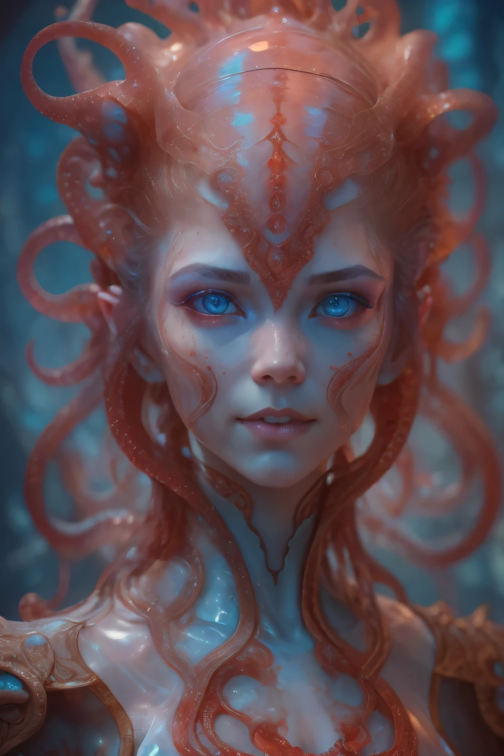 Portrait, (beautiful female alien:1.2),  (There is a female genital-like organ in the middle of the forehead:1.8), (The most beautiful face in the history of the universe:1.2), (scarlet eyes:1.6), (Translucent skin:1.8), an evil gaze that seduces, (red eyes:1.5), (large mouth:1.1), sharp teeth like a shark, Full body like, (bio luminescent:1.2), (Smile wickedly:1.3),  (sexypose:1.5), alien, No humans, cells are fused, (Lots of translucent tentacles:1.1) (Translucent skin:1.3), extraterrestrial, cell, bio image, Best Quality, 8K,4K_quality, High Definition, Dramatic Lighting, masutepiece:1.5,cinematic quality, detail up, (Intricate details:1.2), High resolution, High Definition, drawing faithfully, (Thick eyebrows:1.2), Beautiful eyes with fine symmetry, (Ultra detailed eyes:1.2),(Highly detailed face and eyes:1.2), (High-resolution red-eye:1.4), Intimate face, (Super detailed skin quality feeling:1.4), Perfect Anatomy,  (Beautiful toned body:1.5),  (Moist skin:1.2), No makeup, (dark circles:1.1), long canines, cinematic drawing of characters, ultra high quality model, cinematic quality, detail up, (Intricate details:1.2), High resolution, High Definition, drawing faithfully, Official art, Unity 8K wall  , 8K Portrait, Best Quality, Very High resolution, ultra detailed artistic photography, midnight aura,  unreal enginee 5, Ultra Sharp Focus, art by alberto seveso, ArtGerm, Roisch, intricate artwork, best quality, masutepiece, ultra High resolution, (photos realistic:1.4), Ultra-realistic realism, dream-like,  nautilus, Creation of fantasy, Snail, Dream Snail,  biopunk nautilus, Thrilling color schemes， Ultra-realistic realism， seductively smiling, Blue tentacles