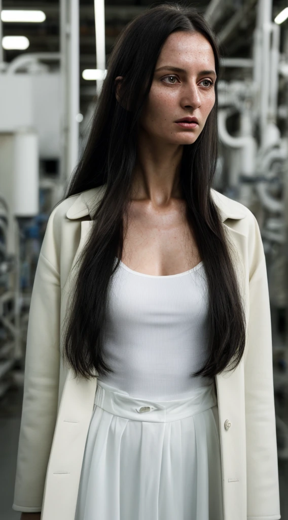 arafed woman with long hair and a white shirt and a black coat, woman in a dark factory, karolina cummings-christina kritkou merged, entire body visible, full body, hyperrealistic, real human skin, best quality, 8K, masterpiece, extremely intricate, medium closeup, detailed eyes, detailed face, detailed body, exaggerated features, pronounced features, fujifilm