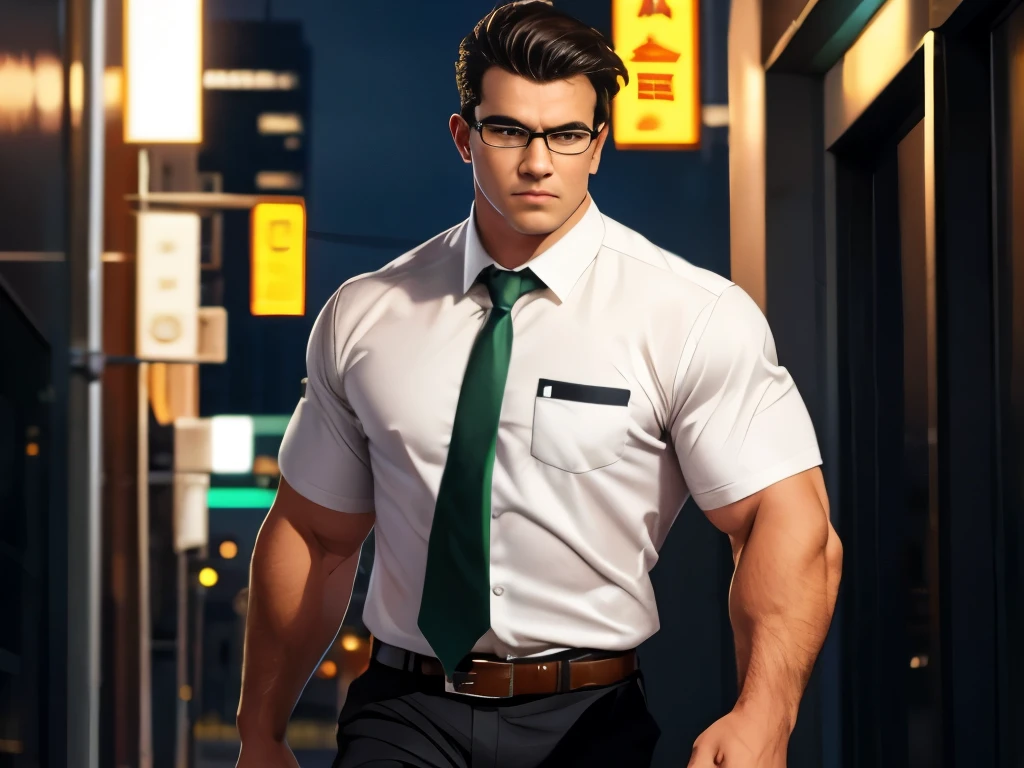 (top-quality:1.1), (masterpiece:1.1), (Cowboy Shot:1.2), (Combed hair:1.2), (macho:1.2), Big body, Dark hair, sharp eye, Borderless glasses, White Short Sleeve Business Shirt, Black Business Pants, Green tie, , Serious expression, Downtown at night, (japanes:1.1), 18year old, Walking
