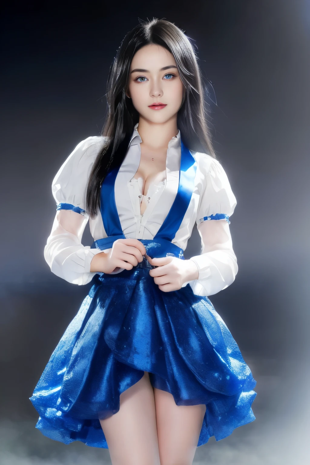 ((Ultra Long Exposure Photography)) high quality, highly detailed, a stunning photorealistic portrait of a beautiful girl has black hair with blue eyes. she in a castle singing on stage,see-through costume,skirtlift,pick up her skirt by one hand,