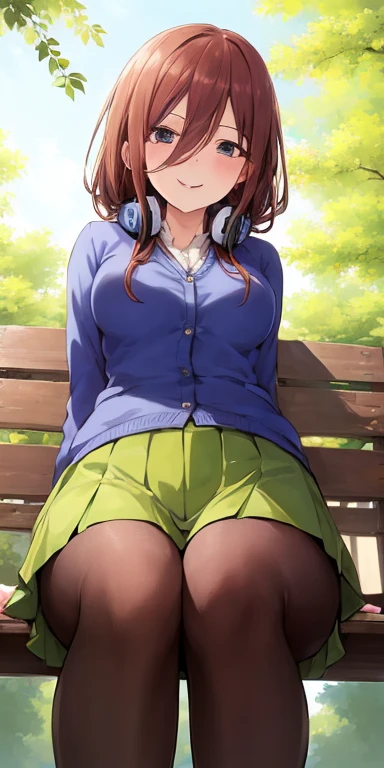 2d, masterpiece, best quality, anime, highly detailed, 1girl, solo, cowboy shot, nakano miku, brown hair, hair between eyes, blue cardigan, headphones, pantyhose, collared shirt, green skirt, miniskirt, medium breasts, ((sitting on grass:1.5)), ((spread legs)), ((show panties)), school, outdoors, smile, ((sky from bellow:1.5)), ((full shot:1.5))