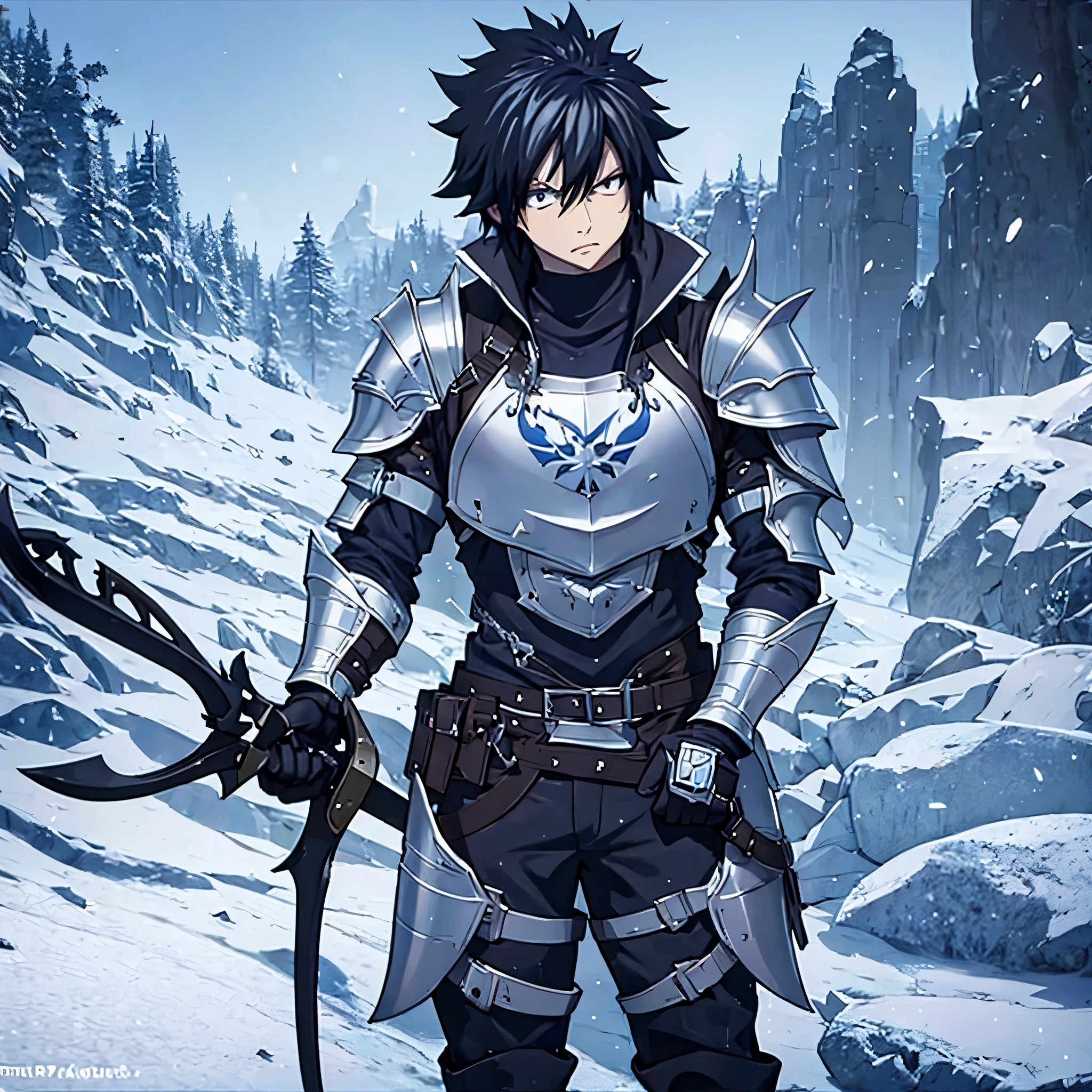 gray fullbuster wearing heavy armor holding an ice axe