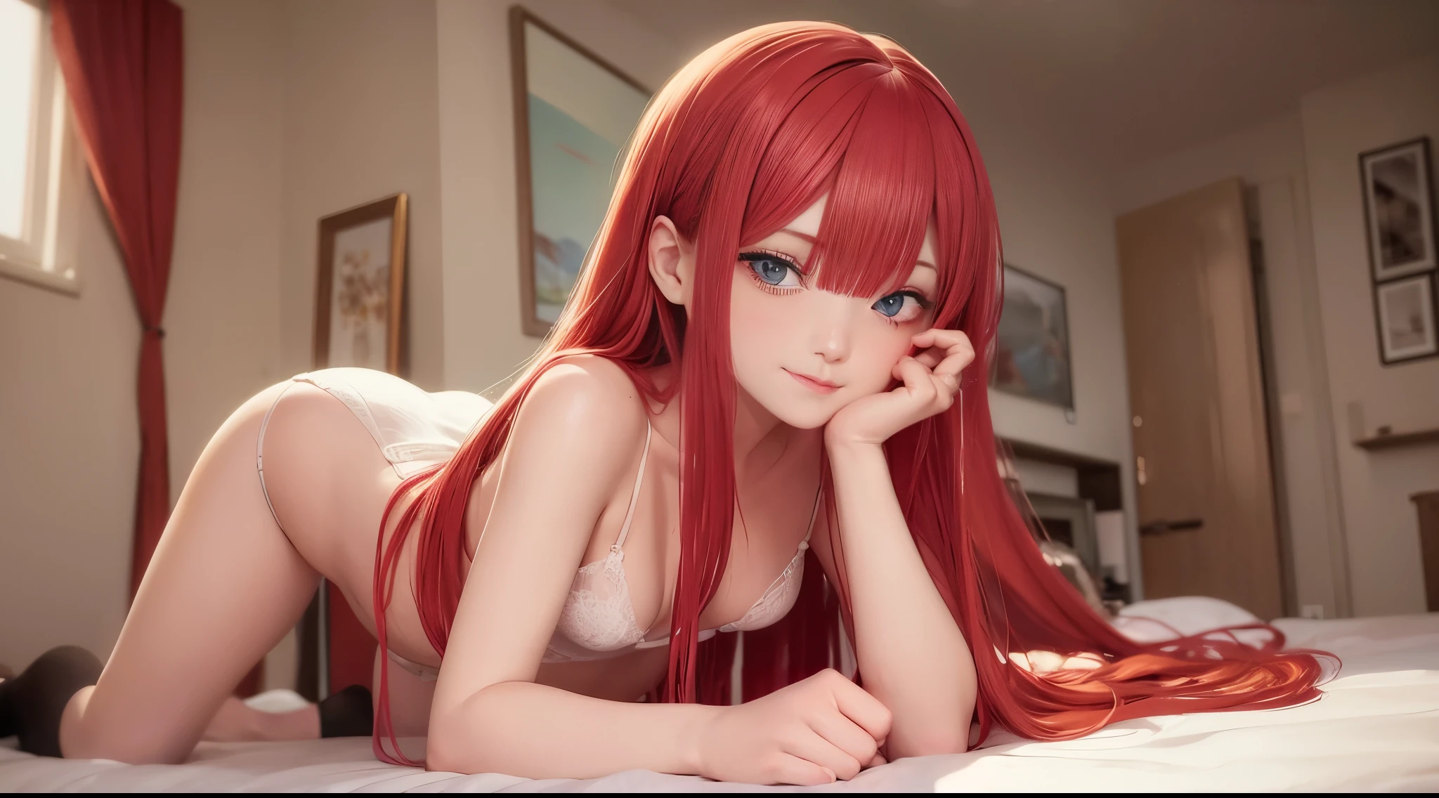 photo realism, love hotel room, beautiful woman in white underwear, Detailed body, Smile, Small bust, Swedish woman, red hair, extra very long hair, exuberant hair, eyes with blue color. Small body, full - body, blinks an eye, Wet, Sheer-through, dynamic pose on all fours, косичка NSFW