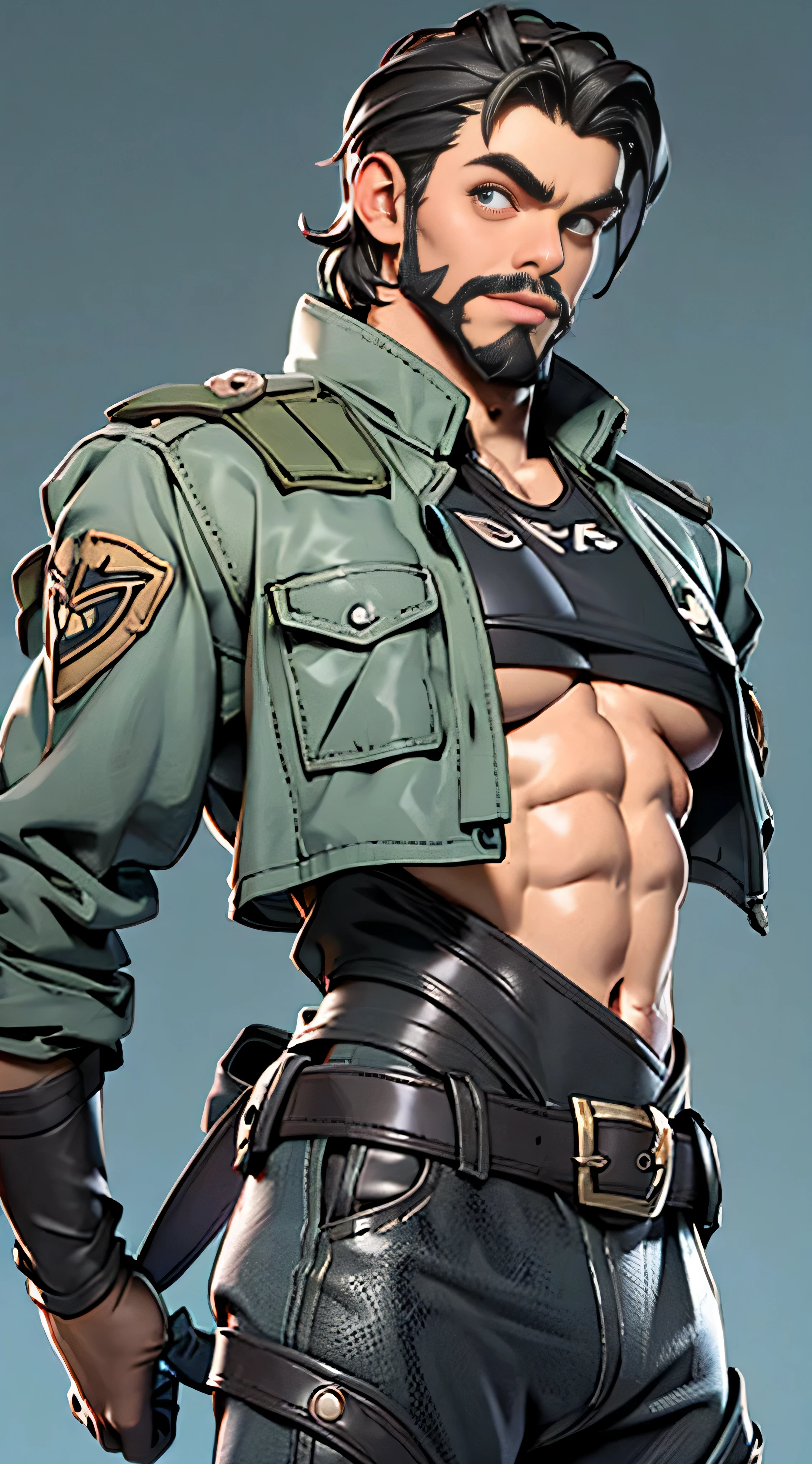 11:23(((Best quality at best: 1.4))),(Unbeatable masterpiece), (hyper HD),(Hyper-realistic 8k CG)、(limbs to thighs)(dark colored hair)(Shoulders and arms equipped with technical equipment))), (((1 uncle,Bearded))),40-year-old American soldier has perfect figure,,delicated face,heavy muscular figure:1.2,Solid royal gray jacket with details, (Pictures from head to thighs), Complex equipment, Dark purple coat,long trousers,The clothes inside are dark,Clothes with metal technical parts,Tech Armor )
