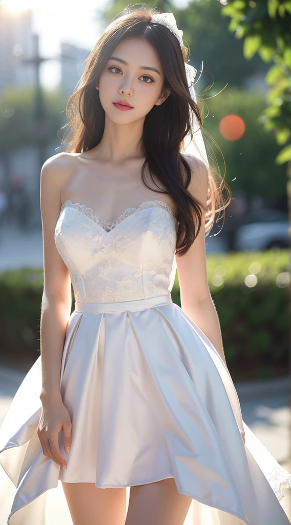 1 girl, Fair-skinned, Suess, Glare from the sun, Wedding Dresses, thin, Lace pattern, bridal veil, bokeh, deep depth of field, blurred background, light particle, high wind, Head tilt, long-haired, enormous breasts, big name, Open shoulders, See all over, Long slender legs., small waist