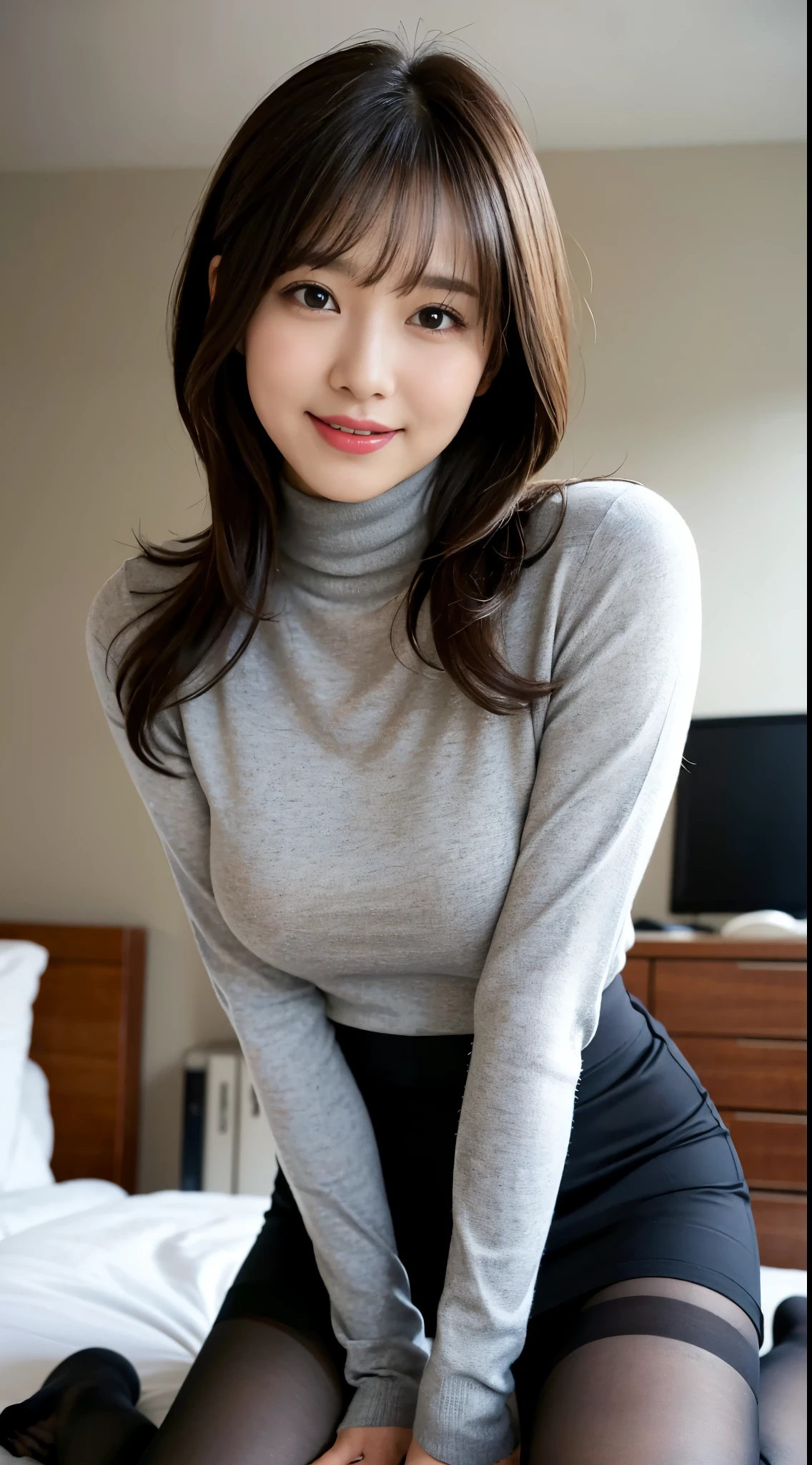 (One ultimate beautiful mature woman), very detailed顔, detailed lips, fine eyes, double eyelid, brunette bob hair, (grin and laugh), ((beautiful teeth)), ((Turtleneck with detailed patterns)),(((mini skirt))), big and full breasts, (thighs), that'that's right, perfect body, perfect face, Depth of written boundary, perfect image realism, With background:((Home party in the living room))、詳細なWith background, detailed costume, perfect thing、hyper realism、Photoreal、8K maximum resolution, (masterpiece), very detailed, Professional
