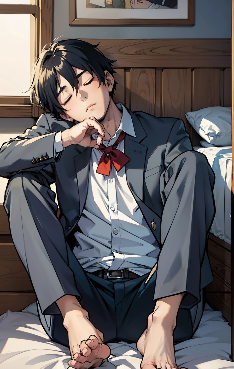 Highres, Masterpiece, Best quality at best,Best Quality,hight quality, hight detailed, 1boy, sleeveless vest, Uniform, Body only, young boy, 12-year-old boys, shota, (Showing armpit:1.3),  hansome, sleeping, on the bed