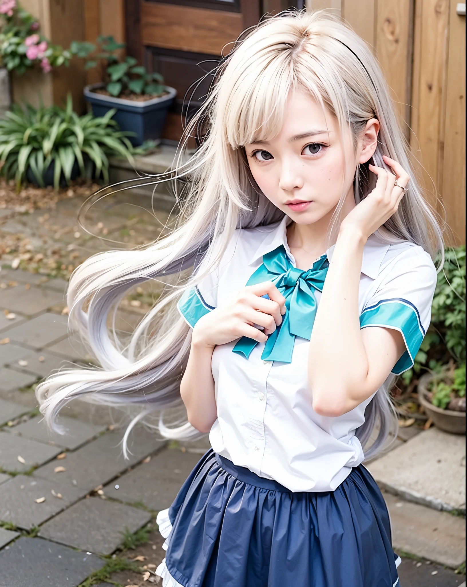 white girl 14 years realistic,beautiful,long light blue hair to the waist,school clothes white blouse with red bow and navy blue skirt,full body,, on blurry background in 10k resolution