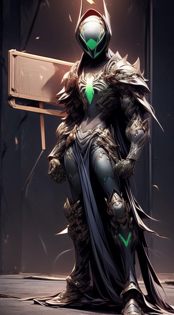 Man, Adult, Full body, Slim body, with spider style, with spider style armor, the armor is white, the armor has green details, the details are lines, the lines cross close, with closed helmet , that the helmet has a spider style, that the helmet has a spider jaw, with an attached visor, that the visor is yellow, that the design of the armor is adventurous, that it has spider limbs, that the limbs come out of its back , that the forearms of the armor are black, with black leather shoulder pads, that the armor has a spider web on the breastplate, that the spider web is emerald green, that the spider web is shiny, that it is standing, body comoleto, that has a closed fist, that points the fist in a sign of victory, (With good quality), (8K), (Masterpiece), with a good level of detail, with epic focus, that maintains a slim figure, that is posing, let the pose be standing.