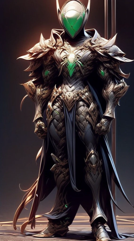 Man, Adult, Full body, Slim body, with spider style, with spider style armor, the armor is white, the armor has green details, the details are lines, the lines cross close, with closed helmet , that the helmet has a spider style, that the helmet has a spider jaw, with an attached visor, that the visor is yellow, that the design of the armor is adventurous, that it has spider limbs, that the limbs come out of its back , that the forearms of the armor are black, with black leather shoulder pads, that the armor has a spider web on the breastplate, that the spider web is emerald green, that the spider web is shiny, that it is standing, body comoleto, that has a closed fist, that points the fist in a sign of victory, (With good quality), (8K), (Masterpiece), with a good level of detail, with epic focus, that maintains a slim figure, that is posing, let the pose be standing.