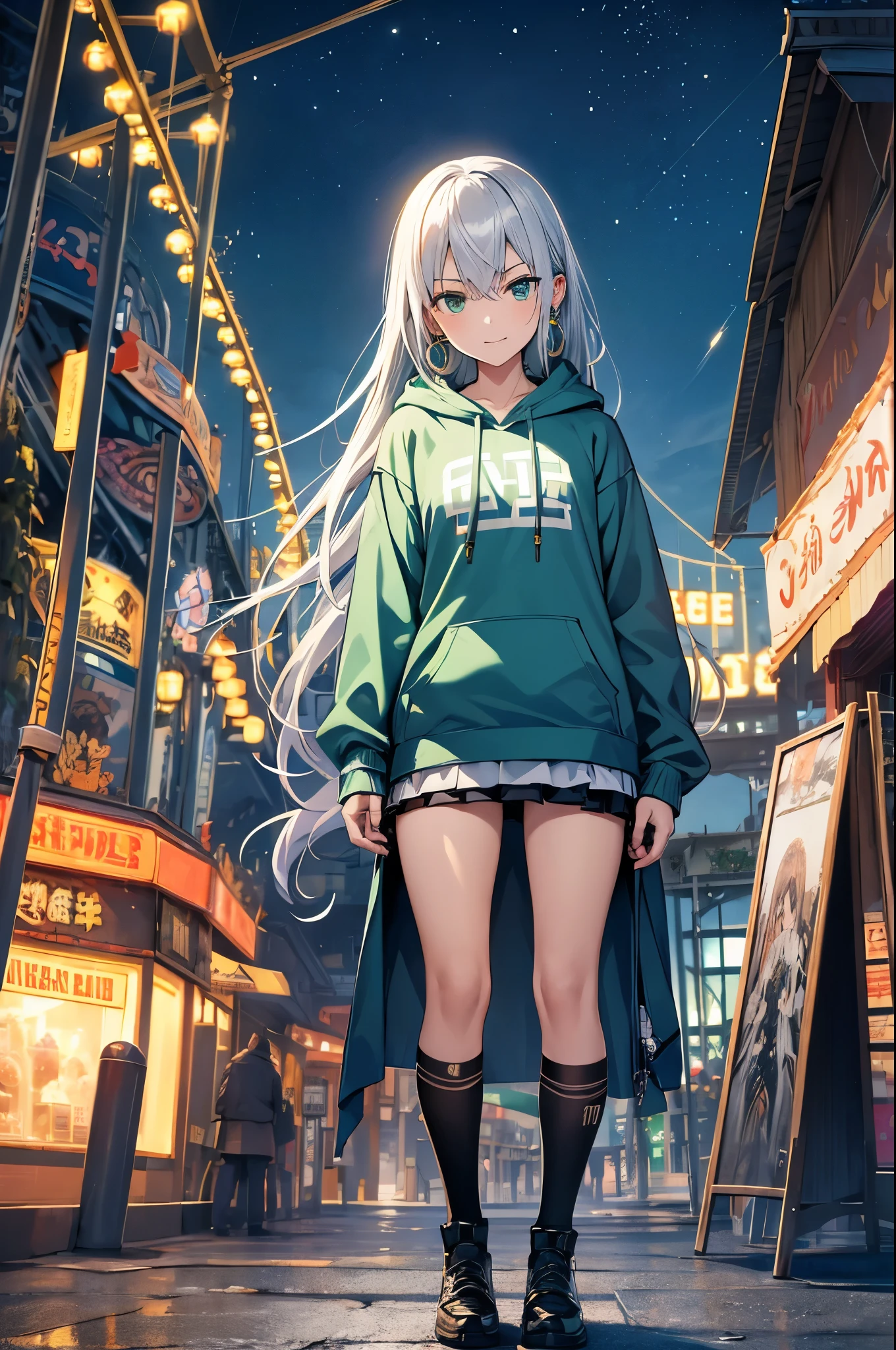 style of Tsutomu Nihei, (incredibly absurdres), masterpiece, best quality, highres, 1girl, greek, evil smile, long tangled silver hair, green eyes, gold earrings, blue hoodie with logos, standing, confident gaze, holding a card, background amusement park, ferris wheel,