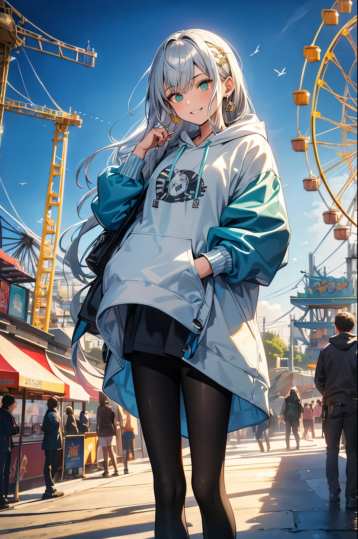 style of Tsutomu Nihei, (incredibly absurdres), masterpiece, best quality, highres, 1girl, greek, evil smile, long tangled silver hair, green eyes, gold earrings, blue hoodie with logos, standing, confident gaze, holding a card, background amusement park, ferris wheel,