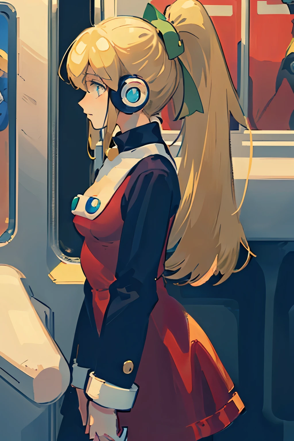 (masterpiece, sidelighting, ultra-detailed, finely detailed beautiful eyes: 1.2), 1girl, bag, building, looking melancholy, perky breasts, (roll from megaman), blonde hair, ponytail, from side, headphones, red dress, black shirt, long hair, straight hair, profile, blonde hair, solo, train, train interior, upper body, Masterpiece, best quality