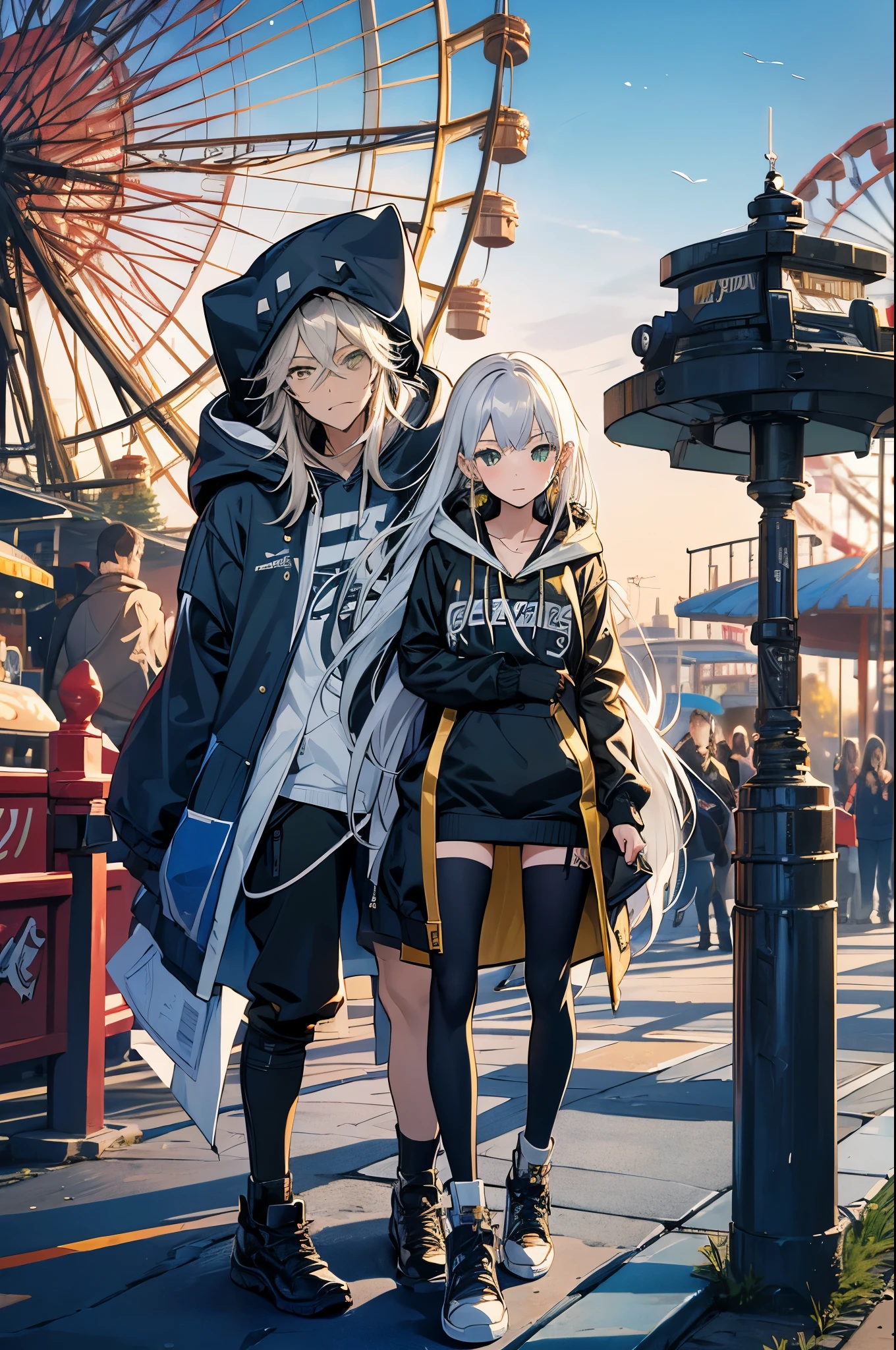 style of Tsutomu Nihei, (incredibly absurdres), masterpiece, best quality, highres, 1girl, greek, evil smile, long tangled silver hair, green eyes, gold earrings, blue hoodie with logos, standing, confident gaze, holding a card, background amusement park, ferris wheel,