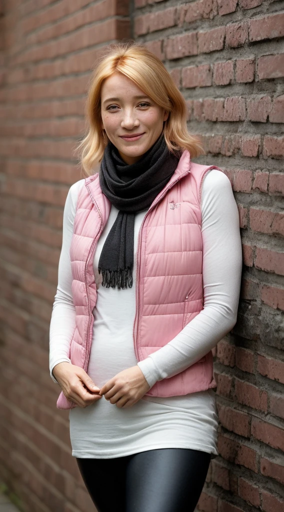 smiling woman with a pink scarf and pink bubble vest with a white long sleeve tshirt underneath, wearing black leggings and uggs, standing in front of a brick wall, this person does not exist, probably in her 30s, petite, diminutive, cute, olga zakharova-irina nordsol uzmina-ann magnuson-karine vanasse-penny marshall-úrsula corbero-emma thompson-saoirse ronan-blake lively-jane seymour-sophie marceau-katie chung-eva saint-mary masterson merged, entire body visible, full body, hyperrealistic, real human skin, best quality, 8K, masterpiece, extremely intricate, medium closeup, detailed eyes, detailed face, detailed body, exaggerated features, pronounced features, fujifilm