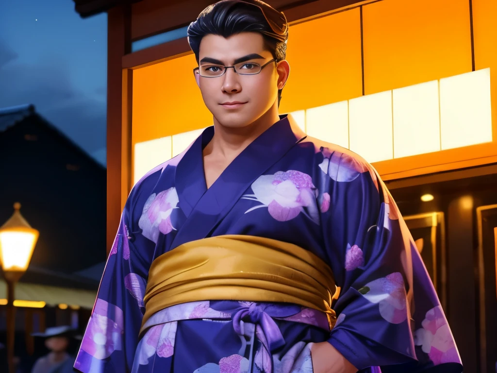 (top-quality:1.1), (masterpiece:1.1), (Cowboy Shot:1.2), (Combed hair:1.2), (macho:1.2), ember, Big body, Dark hair, sharp eye, Borderless glasses, Purple yukata, , ssmile, Lively nighttime summer festival venue, (japanes:1.1), 18year old, (Standing facing the front:1.4)