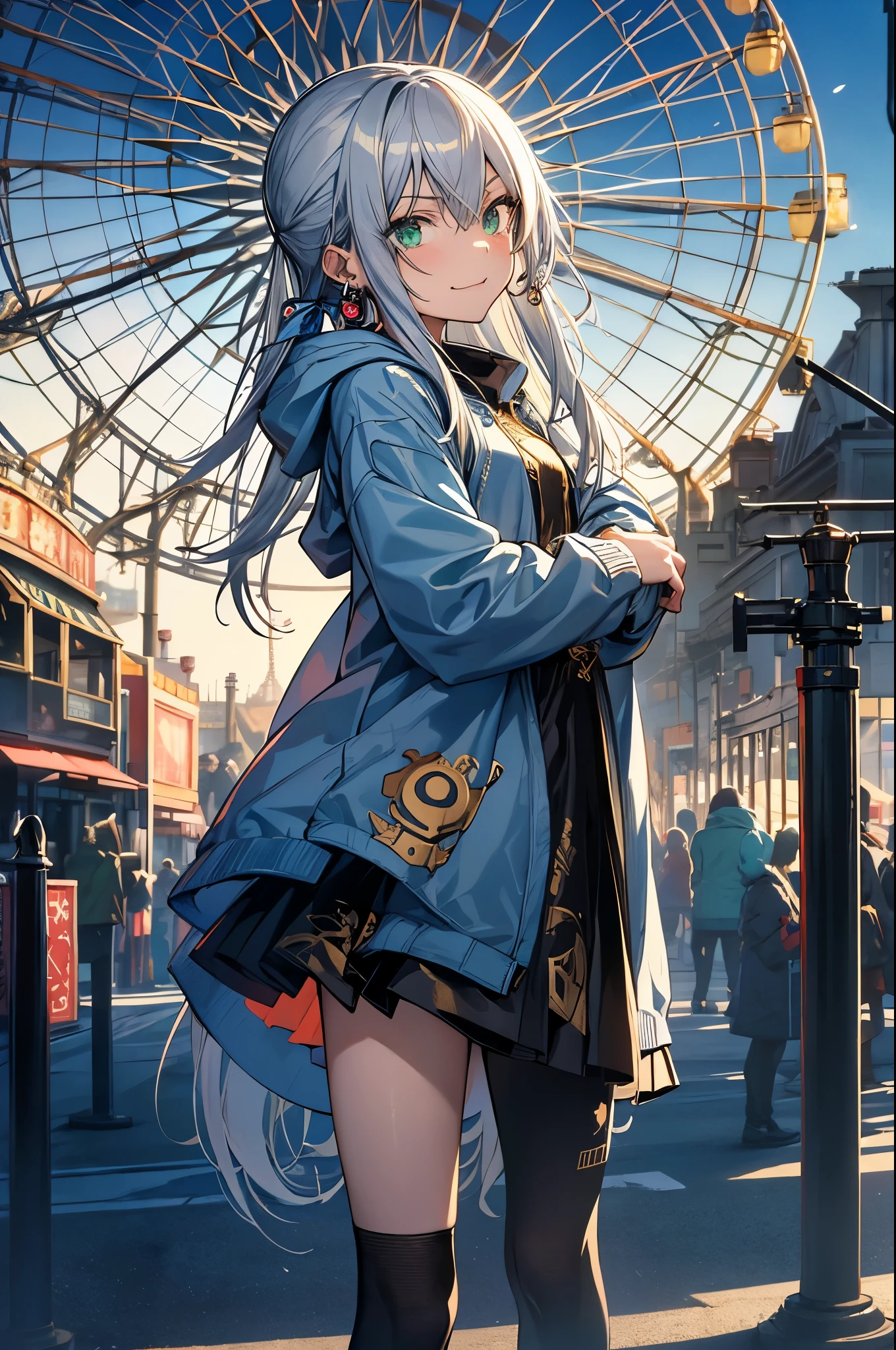 style of Tsutomu Nihei, (incredibly absurdres), masterpiece, best quality, highres, 1girl, greek, evil smile, long tangled silver hair, green eyes, gold earrings, blue hoodie with logos, standing, confident gaze, holding a card, background amusement park, ferris wheel,