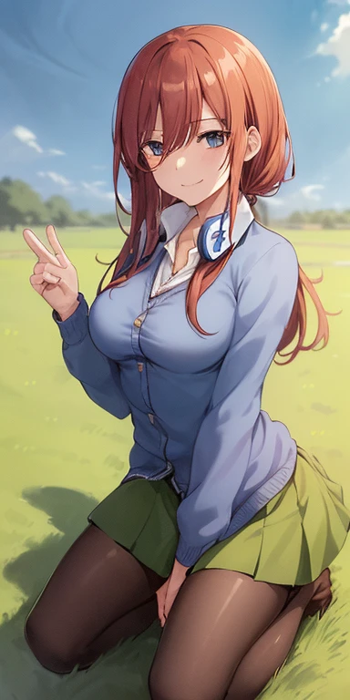 2d, masterpiece, best quality, anime, highly detailed, 1girl, solo, cowboy shot, nakano miku, brown hair, hair between eyes, blue cardigan, headphones, pantyhose, collared shirt, green skirt, miniskirt, ??????????????, ((kneeling on grass:1.5)), school, outdoors, smile, ((sky from bellow:1.5)), ((full shot:1.5))