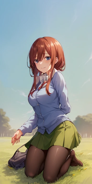 2d, masterpiece, best quality, anime, highly detailed, 1girl, solo, cowboy shot, nakano miku, brown hair, hair between eyes, blue cardigan, headphones, pantyhose, collared shirt, green skirt, miniskirt, medium breasts, ((kneeling on grass:1.5)), school, outdoors, smile, ((sky from bellow:1.5)), ((full shot:1.5))