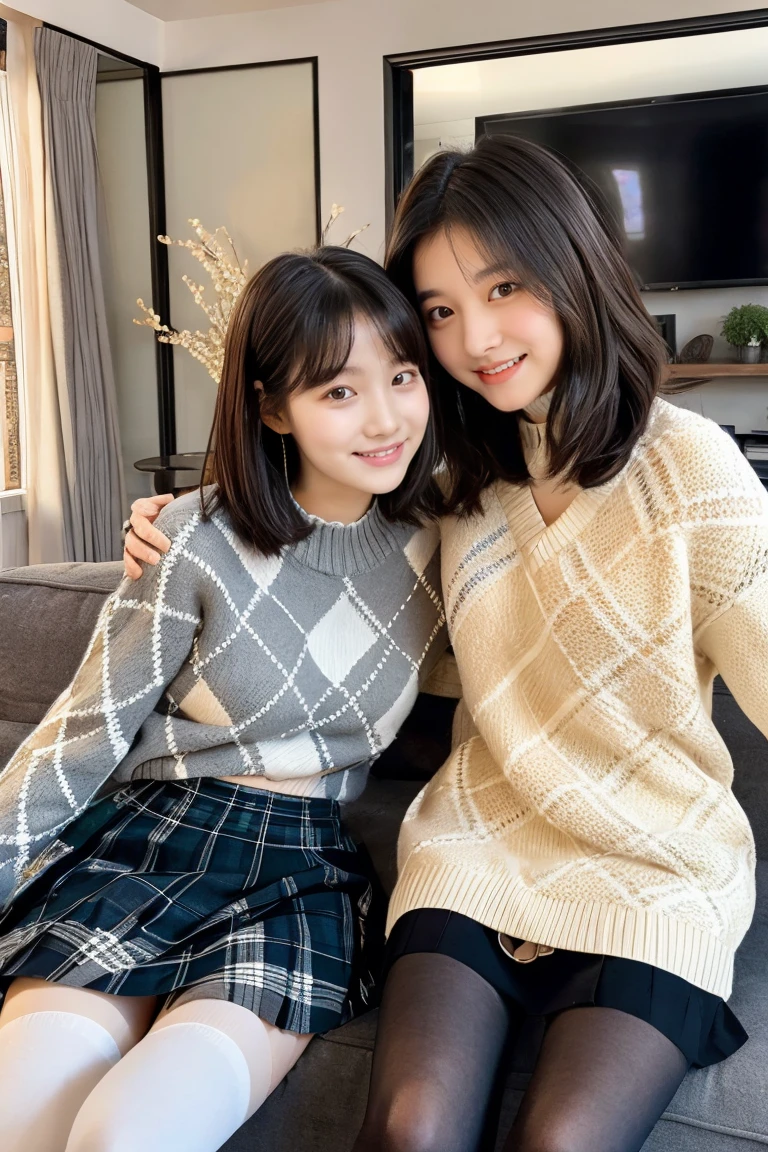 Two beautiful girls wearing argyle sweaters、Wool skirt、、A dark-haired、Short Bob、Long straight hair、Bun hair、livingroom、Happy look、wool tights、